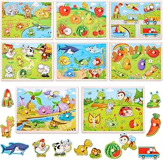 8 Pack Wood Puzzles for Toddlers 1 2 3 4 Years Wood Puzzles Peg Puzzles for Toddlers Wood Toddler Puzzles with Animal Vehicle Fruit Shapes