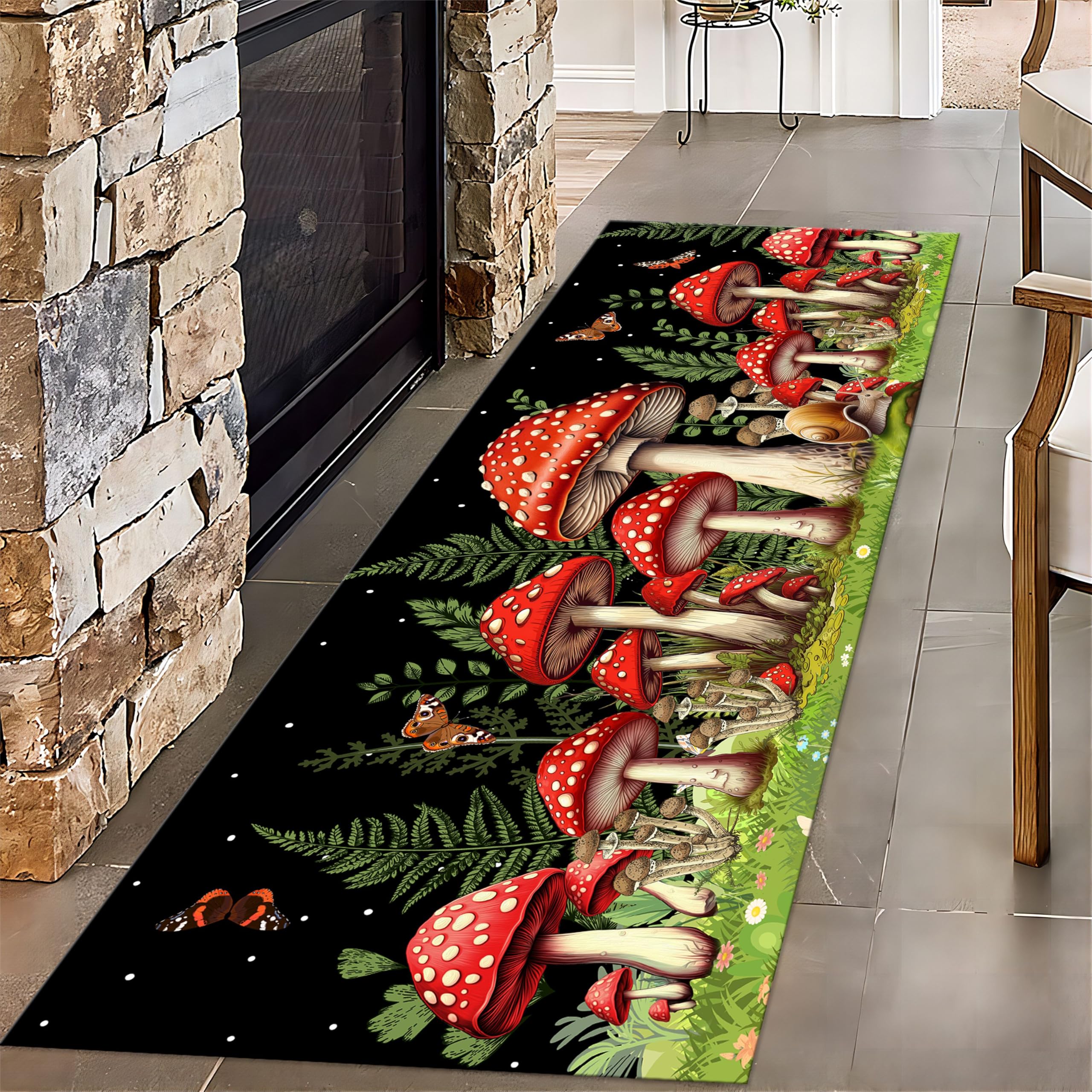 Red Mushroom Long Hallway Rug Runners, 2x10ft, Cartoon Mushroom Decoration Butterfly Floor Carpets, Foldable Pet Friendly Non-Slip Mat, Low Pile Dirty