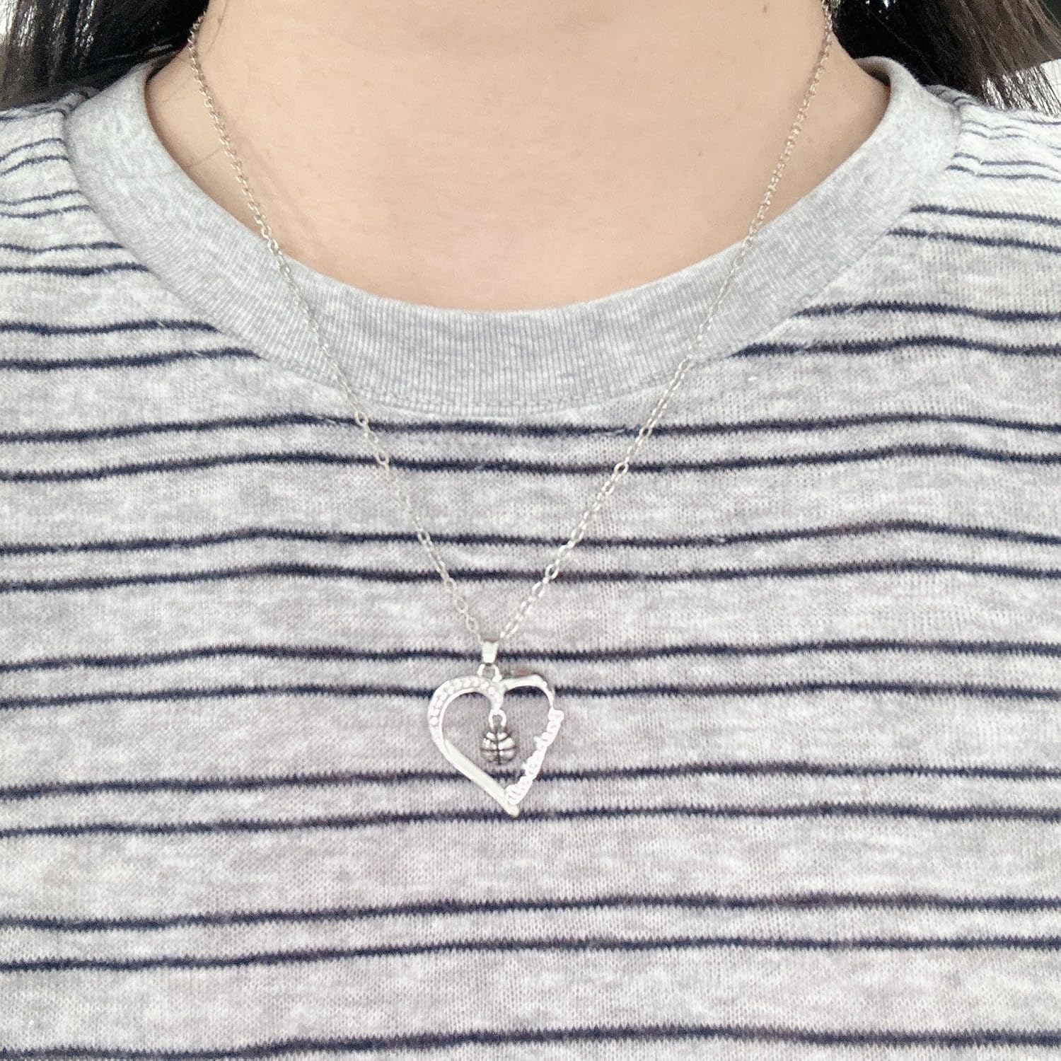 Basketball Heart Pendant Necklace for Women Men Stainless Steel Adjustable Chain Rhinestone Love Sports Ball Charm Party Jewelry Team Players Sport Fans Lovers Gifts with Inspirational Card - Image 2