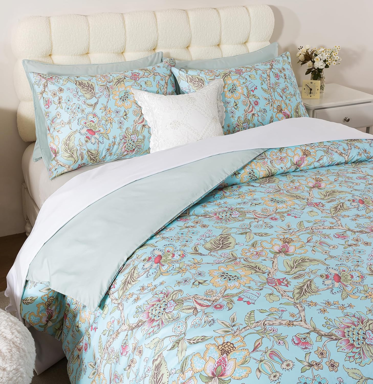 Helthep Vintage Colorful Floral Cal King Size 3Pcs Duvet Cover Set Luxury Botanical Bedding Set 100% Egyptian Long Sateen Cotton Elegant Garden Pattern Comforter Cover with Pillowcases Haze Blue