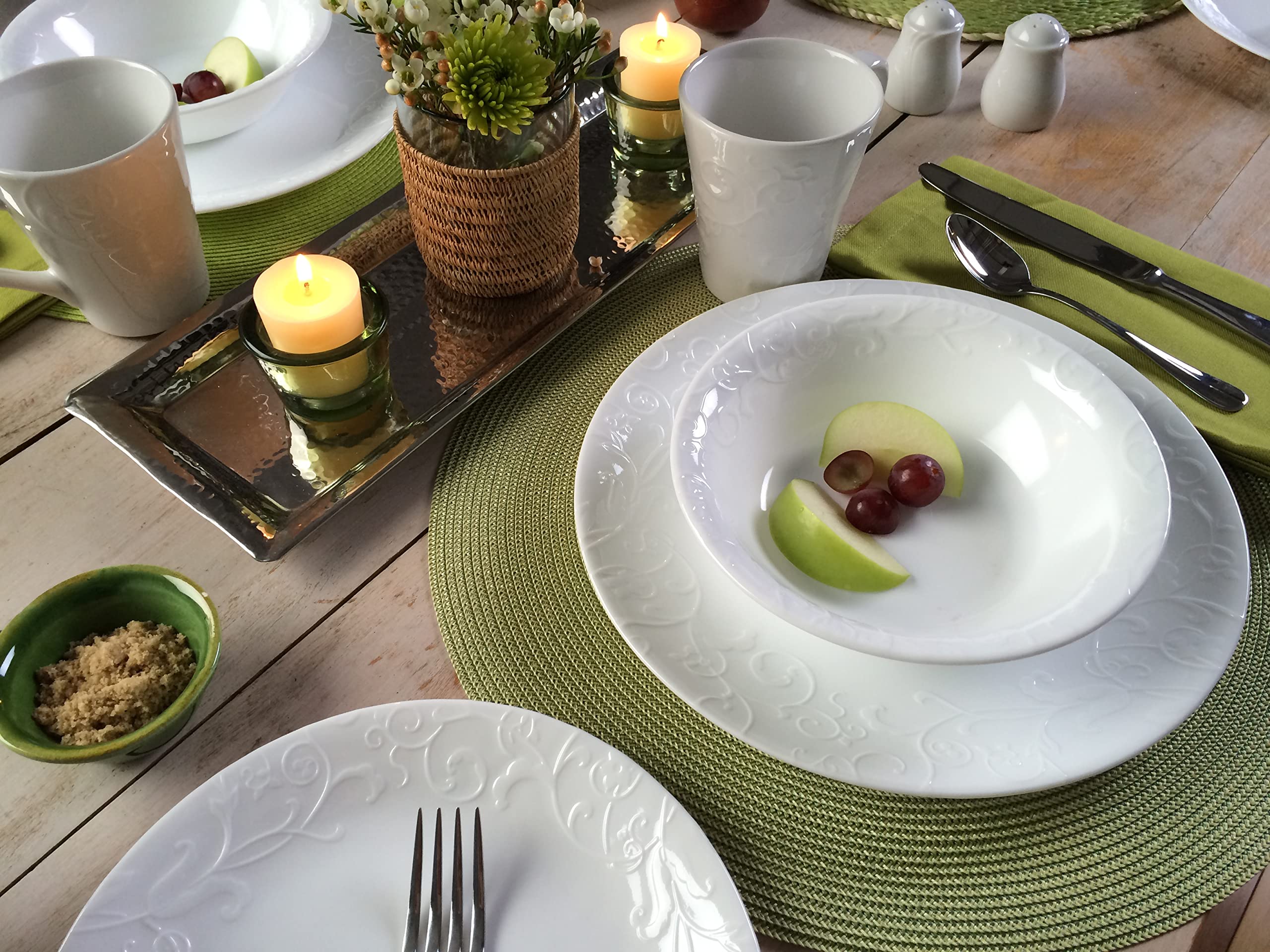 Corelle Bella Faenza Service de table pour 4 personnes avec 4 assiettes à dessert en verre recyclé à 80% 3 fois plus durable, moitié moins d'espace et de poids que la céramique traditionnelle