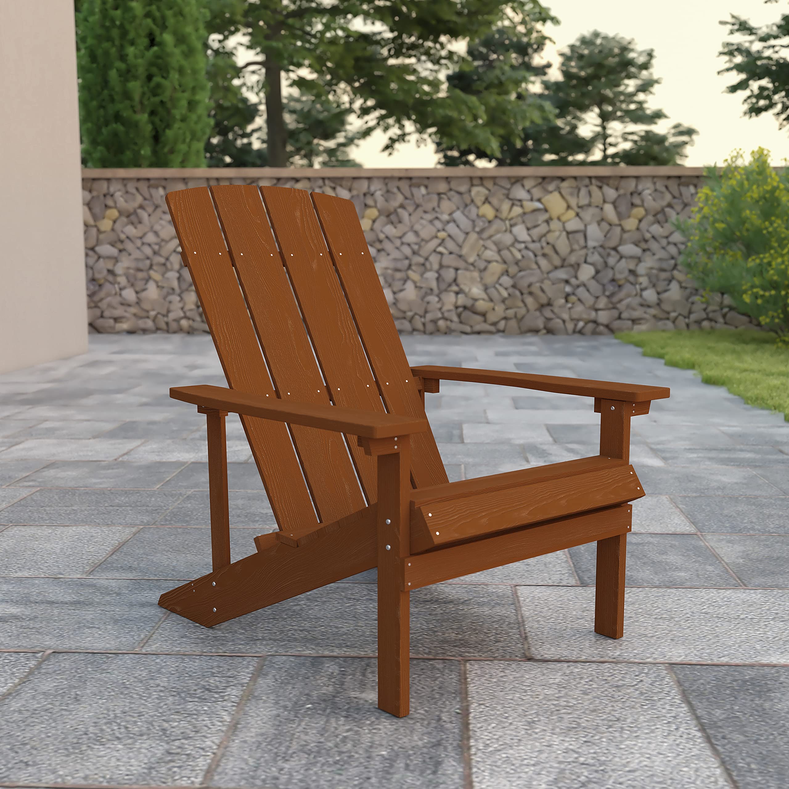 Flash Furniture Charlestown Commercial Grade Indoor/Outdoor Adirondack Chair, Weather Resistant Durable Poly Resin Deck and Patio Seating, Teak
