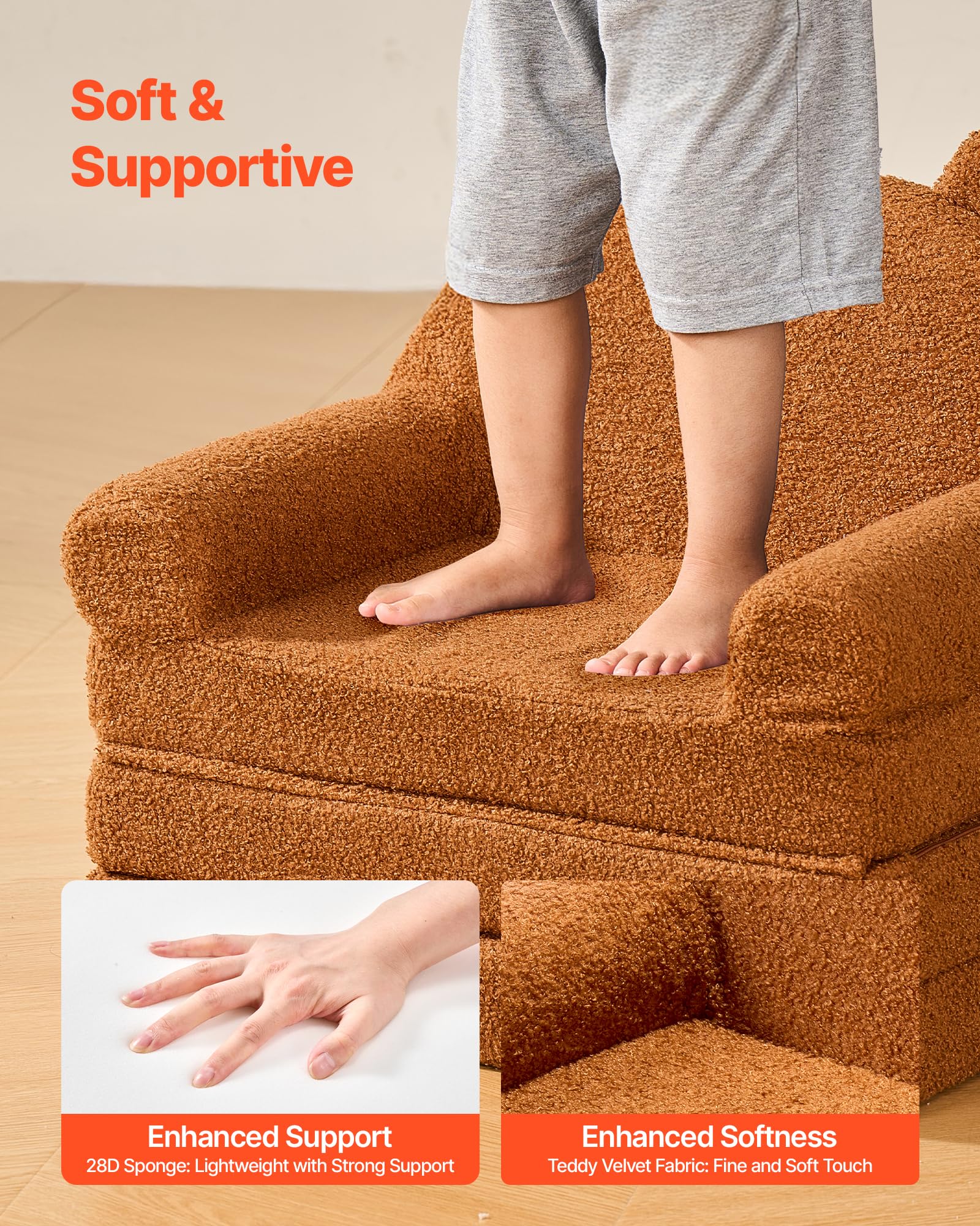 VEVOR Fauteuil pour Enfants Convertible 2-en-1, Canapé-lit Pliable et Moelleux, avec Accoudoirs, en Éponge 28D et Polaire Bouclette, Sofa Tout-Petits pour Chambre d’Enfants Salle de Jeux, Marron, M