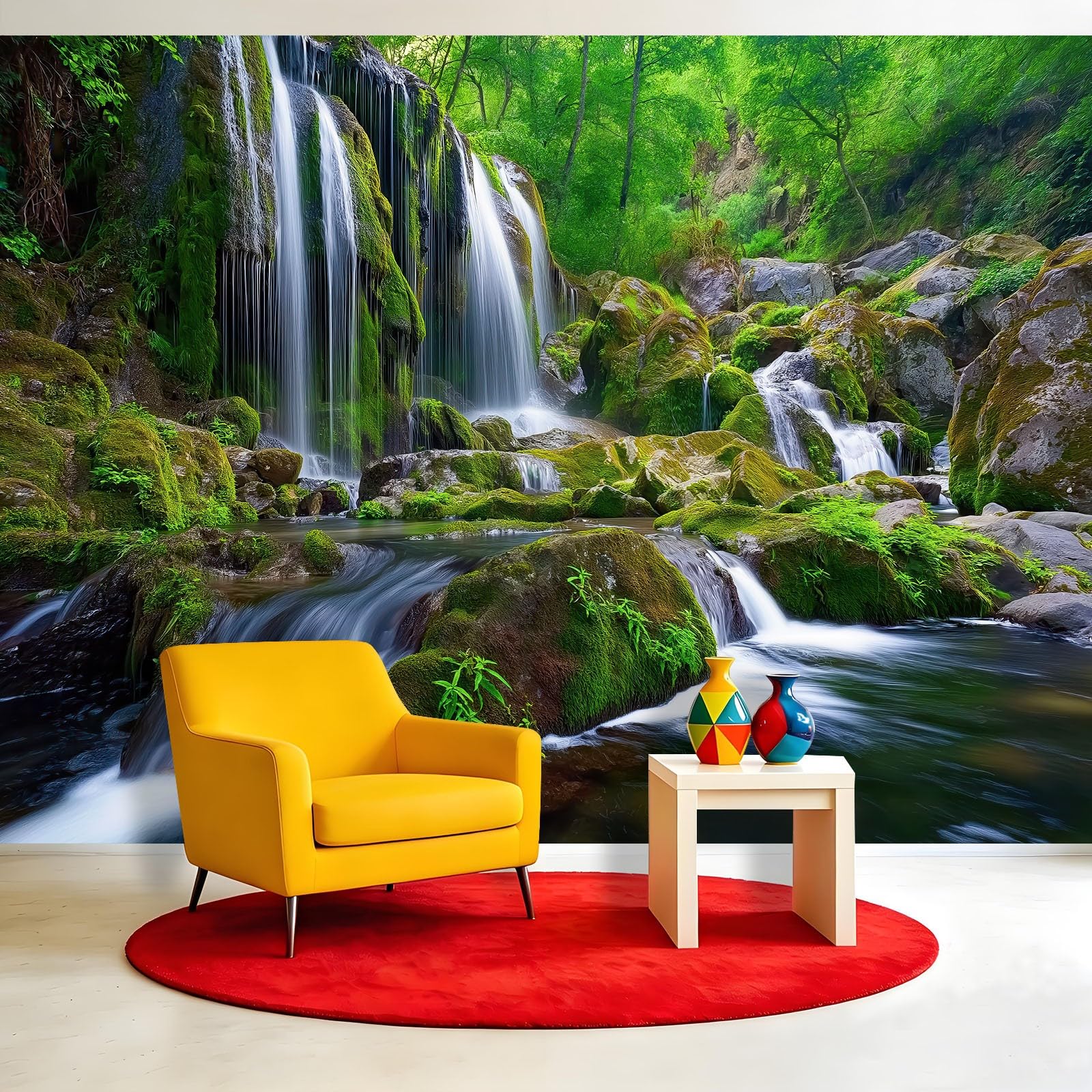 Fotografia natura wzór 200 x 140 cm tapeta fototapeta tapeta flizelinowa tapeta tatuaż ścienny, omszona dżungla wzór wodospadu - do salonu, sypialni, łazienki i kuchni