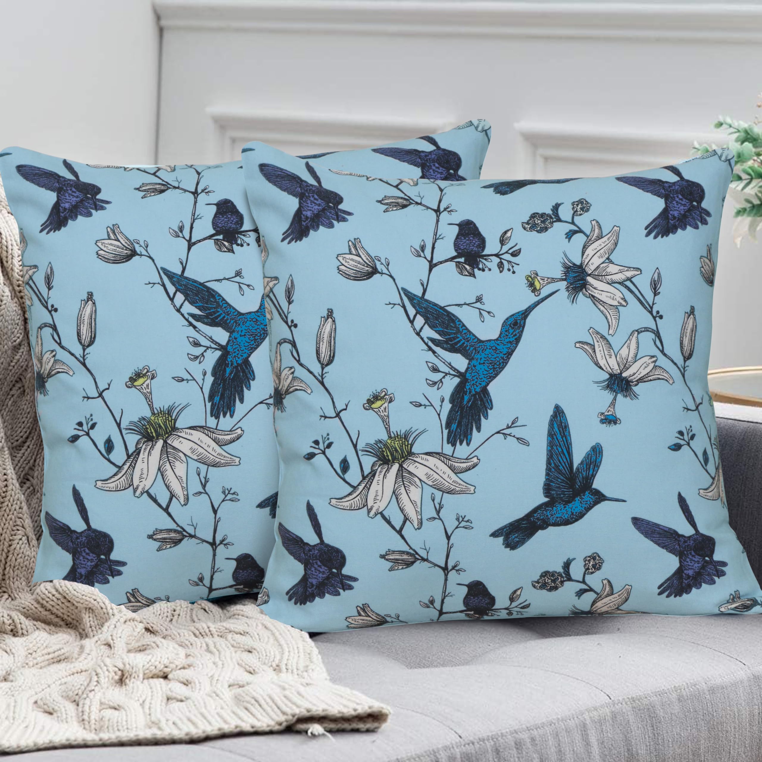 Tiny Break Cotton Decorative Throw Pillow Case, Birds Paradise Spring Season Printed Cushion Covers Set of 2 (18 x 18 Inch, Multi)