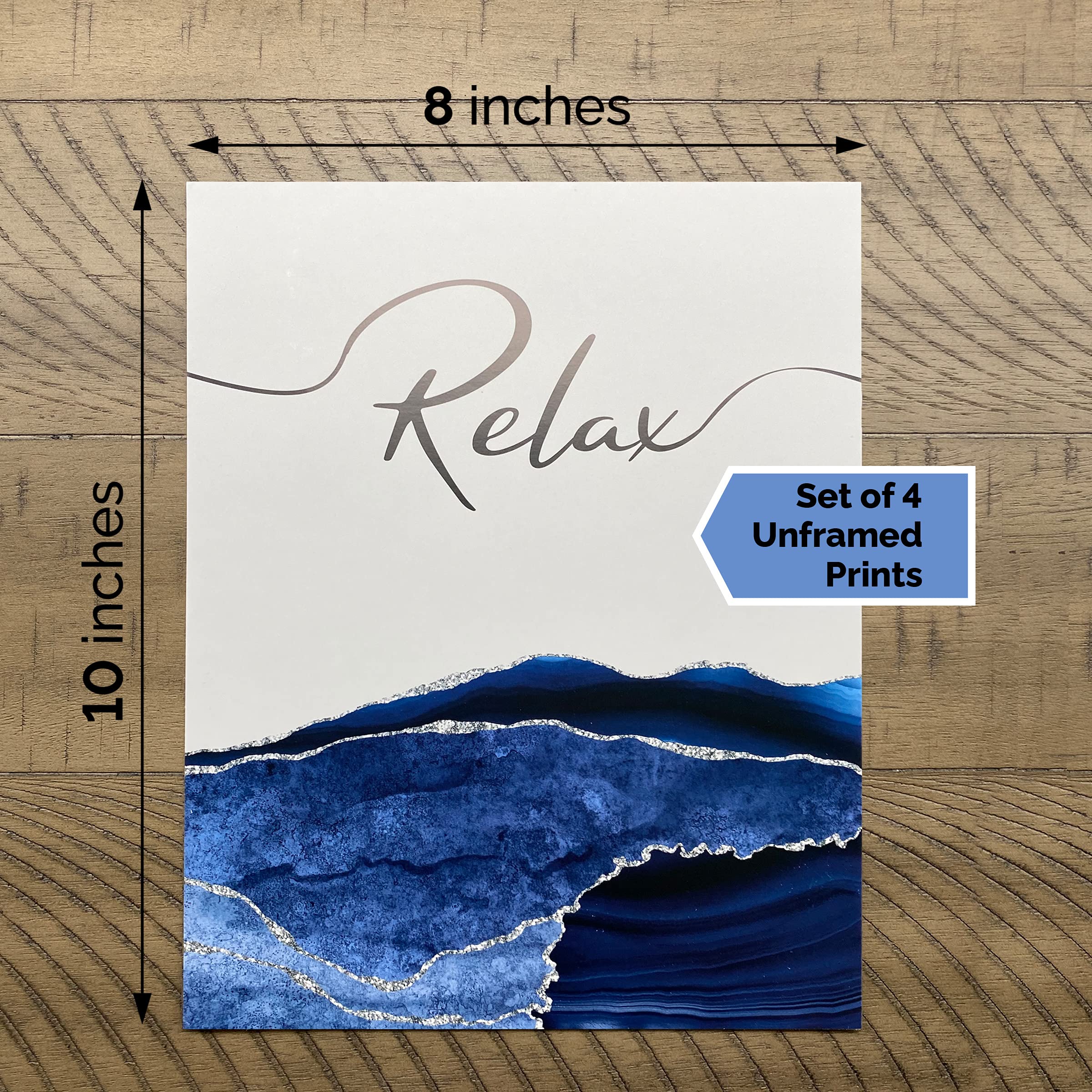 Bella and Bentley Novelty UNFRAMED CARDSTOCK PRINTS Navy Blue Bathroom Wall Art Decor - Set of 4 Unframed Prints (8x10 Inch) Relax, Soak, Breathe, Unwind