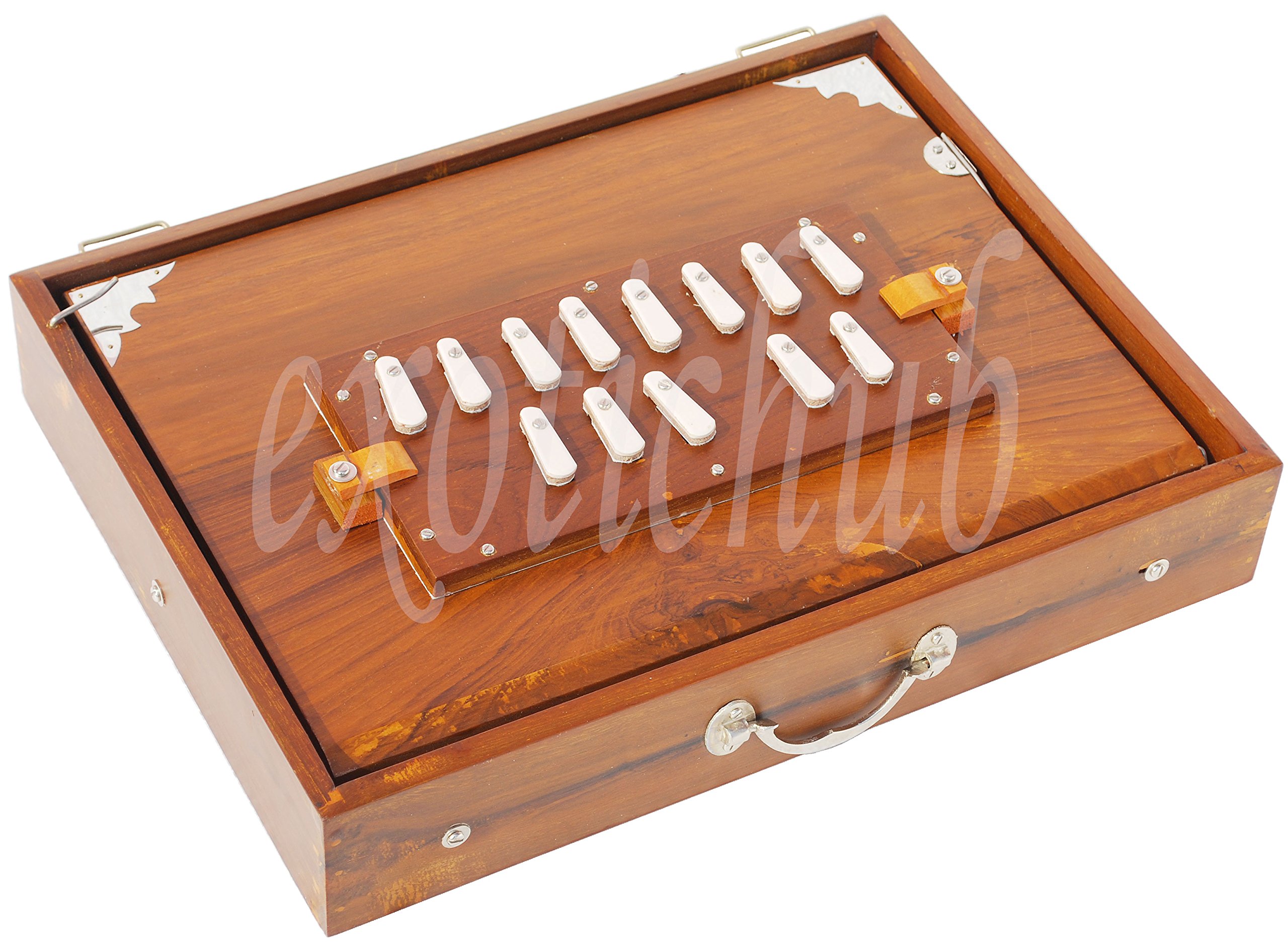 Shruti-Box aus Teakholz (40,6 x 30,5 x 7,6 cm), gestimmt auf: 440 Hz, Gigbag, Farbe: natürliches Teakholz, Tonart: -C zu C (niedriger Ton: Rohrblatt - Stecktyp), Sur Peti, Yoga, Bhajan, Kirtan, DJ