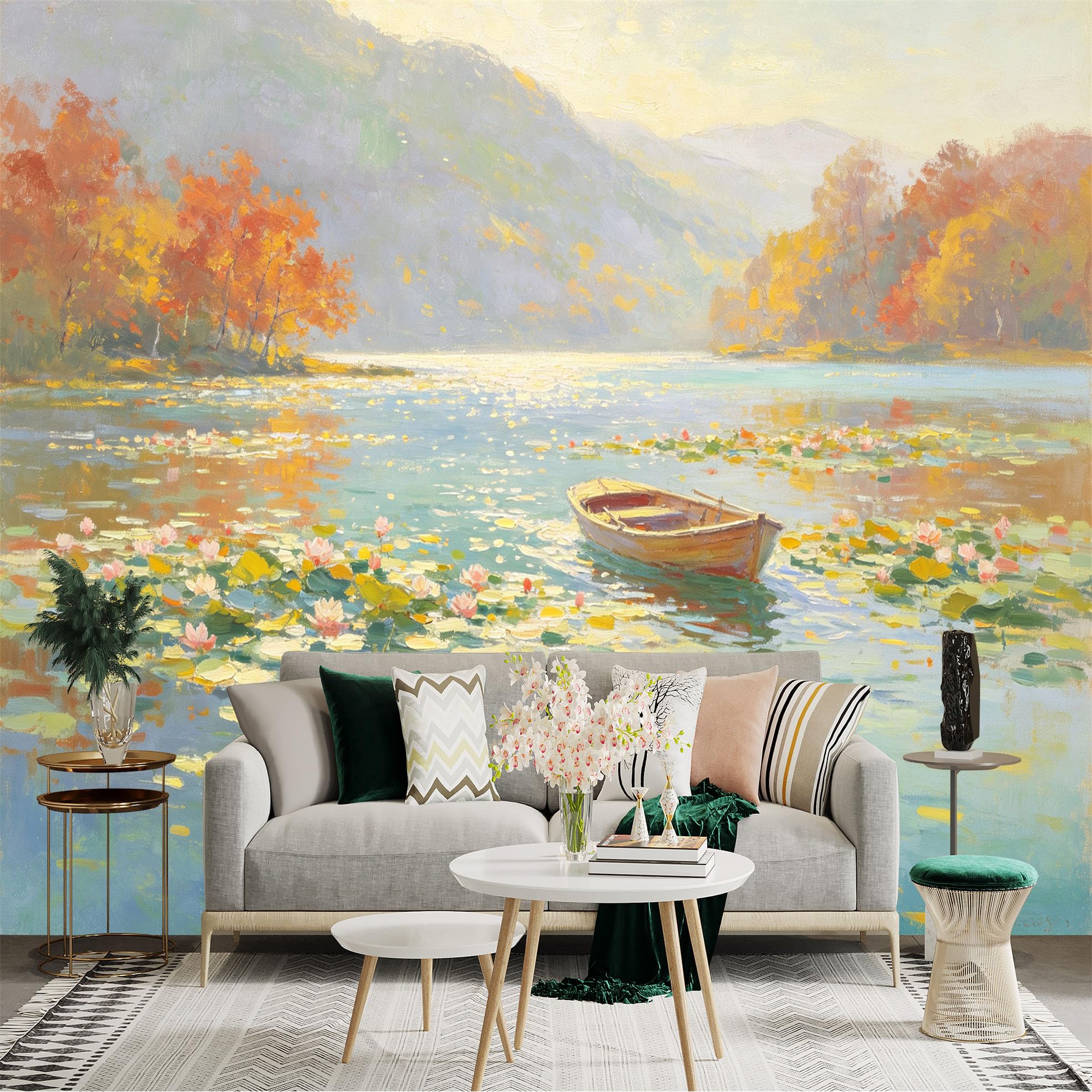 Custom Size Wall Sticker Mural， Autumn Lake Landscape， Calm Waters， Small Wooden Boat， Water Lilies， for wall Decoration， peelandstick wall Decals.