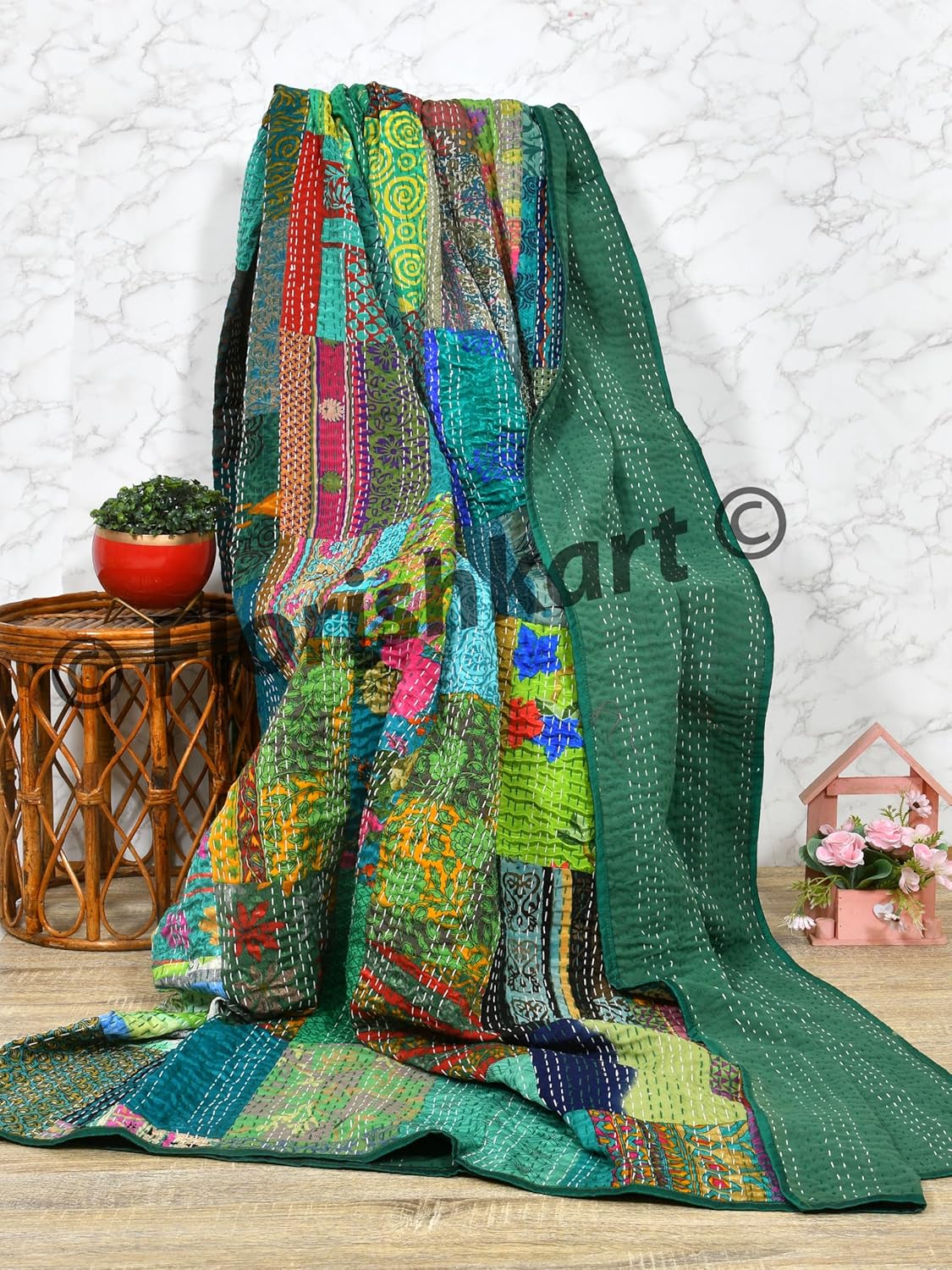 Kantha Quilt Indian Quilt Throw Kantha Boho Blanket Silk Sari patola Patchwork Kantha Quilts Reversible Comforter Bedspread (Green, Twin (60"x 90"))