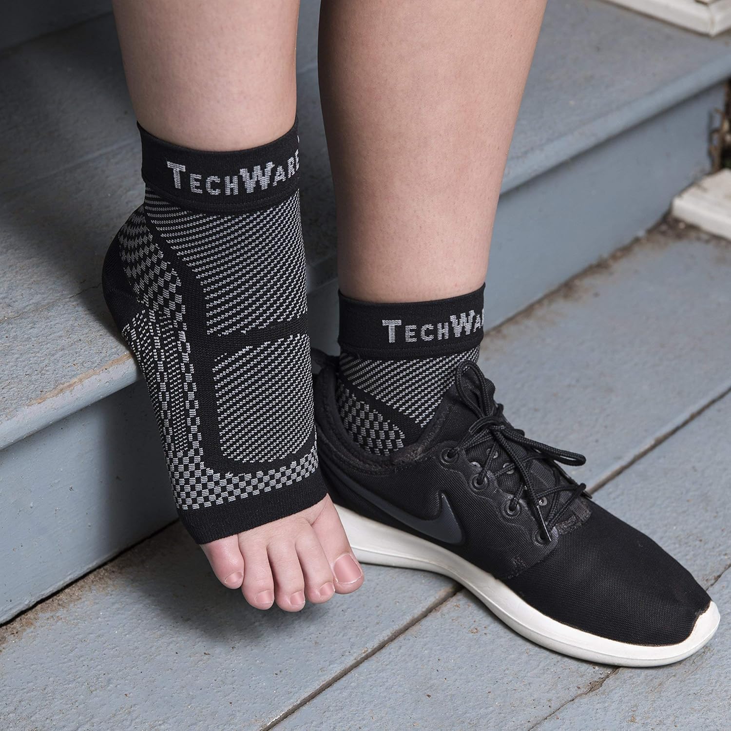 TechWare Pro Ankle Brace Compression Sleeve - Relieves Achilles Tendonitis, Joint Pain. Plantar Fasciitis Sock with Foot Arch Support. 2 Pair Bundle Black & Gray XXL Size