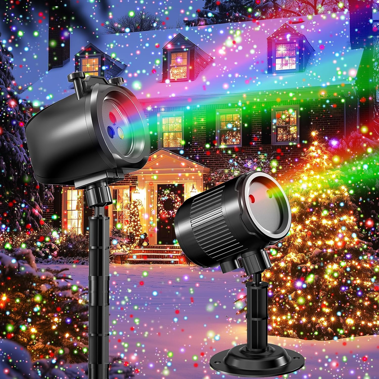 Christmas Laser Projector Light Outdoor, 3 Colors Laser Lights with 24 Patterns and Green Red 2 Color Firefly Laser Lights, IP65 Waterproof Star Projector for Garden Yard Christmas Halloween Holiday