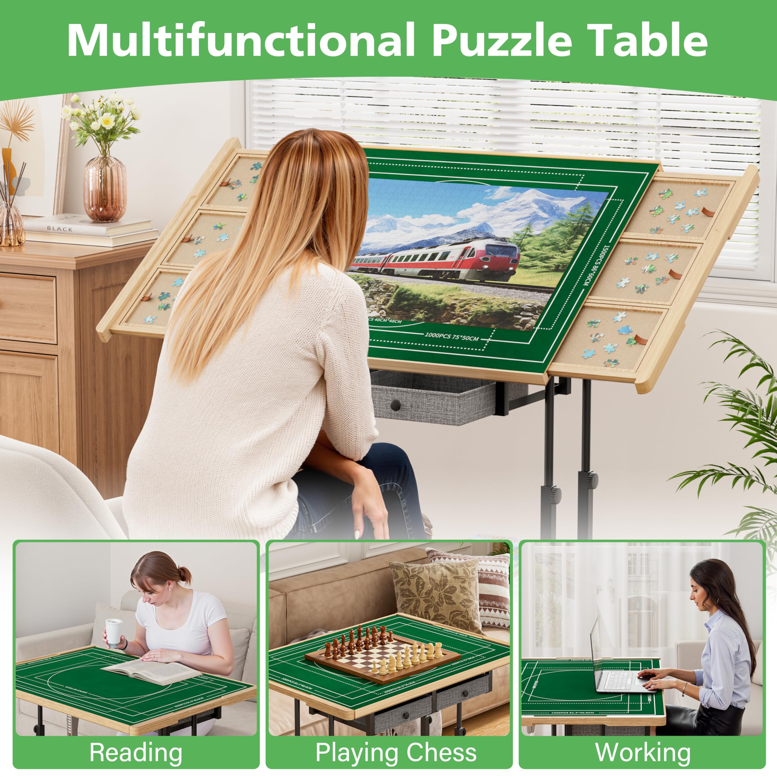 CODACE Puzzle-Tisch mit Schubladen – 1500-teiliges Puzzle-Tisch für Erwachsene, schwenkbares Puzzlebrett mit 6 Sortier-Tabletts und Abdeckung, Tische mit verstellbarem Bein und Rolle, Geschenk für