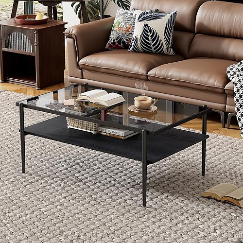 Miniatura 45 de Mesa de centro de cristal para sala de estar, mesa de centro de 2 niveles de mediados de siglo, mesa central con parte superior de vidrio templado