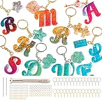 Mocoosy 182PCS Fancy Alphabet Silicone Resin Molds Kit for Keychains - Reversed Letters, Drill, Bits, 30 Rings, 100 Pins, Epoxy DIY Set