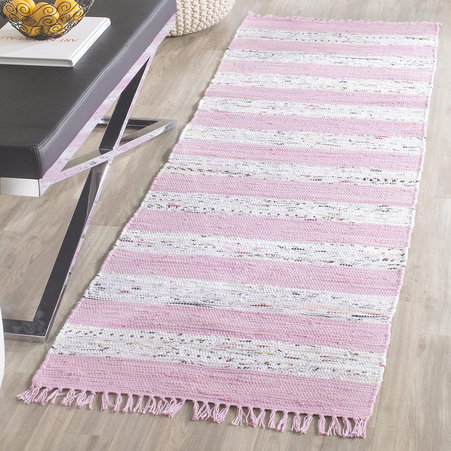 SAFAVIEH Montauk Collection Runner Rug - 2'3" x 7', Ivory & Light Pink, Handmade Stripe Fringe Cotton, Ideal for High Traffic Areas in Living Room, Bedroom (MTK720E)