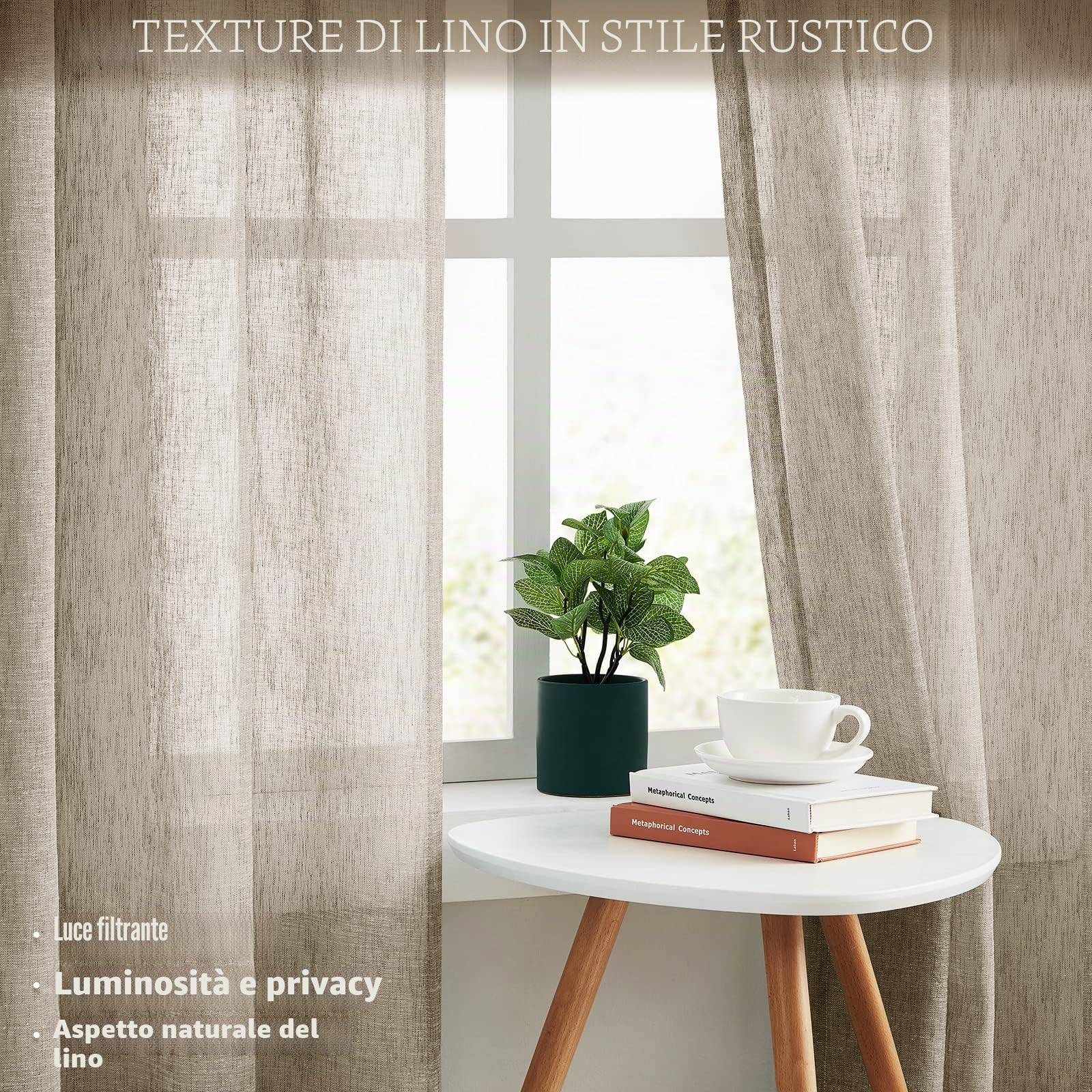 Melodieux Tende velate in lino rustico, lunghe 240 cm, per soggiorno e camera da letto, tessuto in lino naturale, con tasca per asta, 132 x 248 cm, marrone chiaro (2 pannelli)