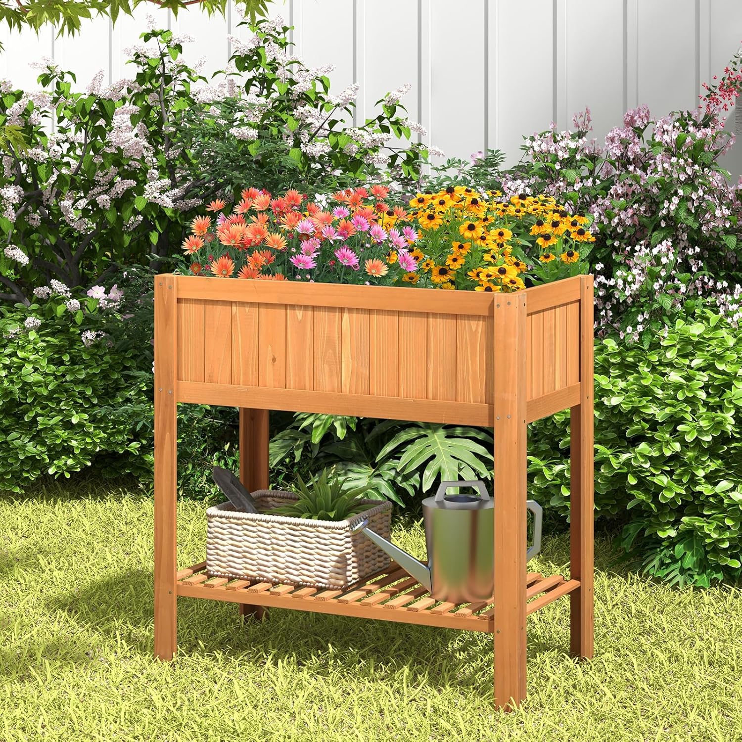 2-Tier Elevated Garden Planter Bed, Fir Raised Garden Bed Outdoor with Legs & Storage Shelf for Vegetables, Flowers & Herbs, Wooden Planter Box Raised Bed for Gardening, Balcony & Porch