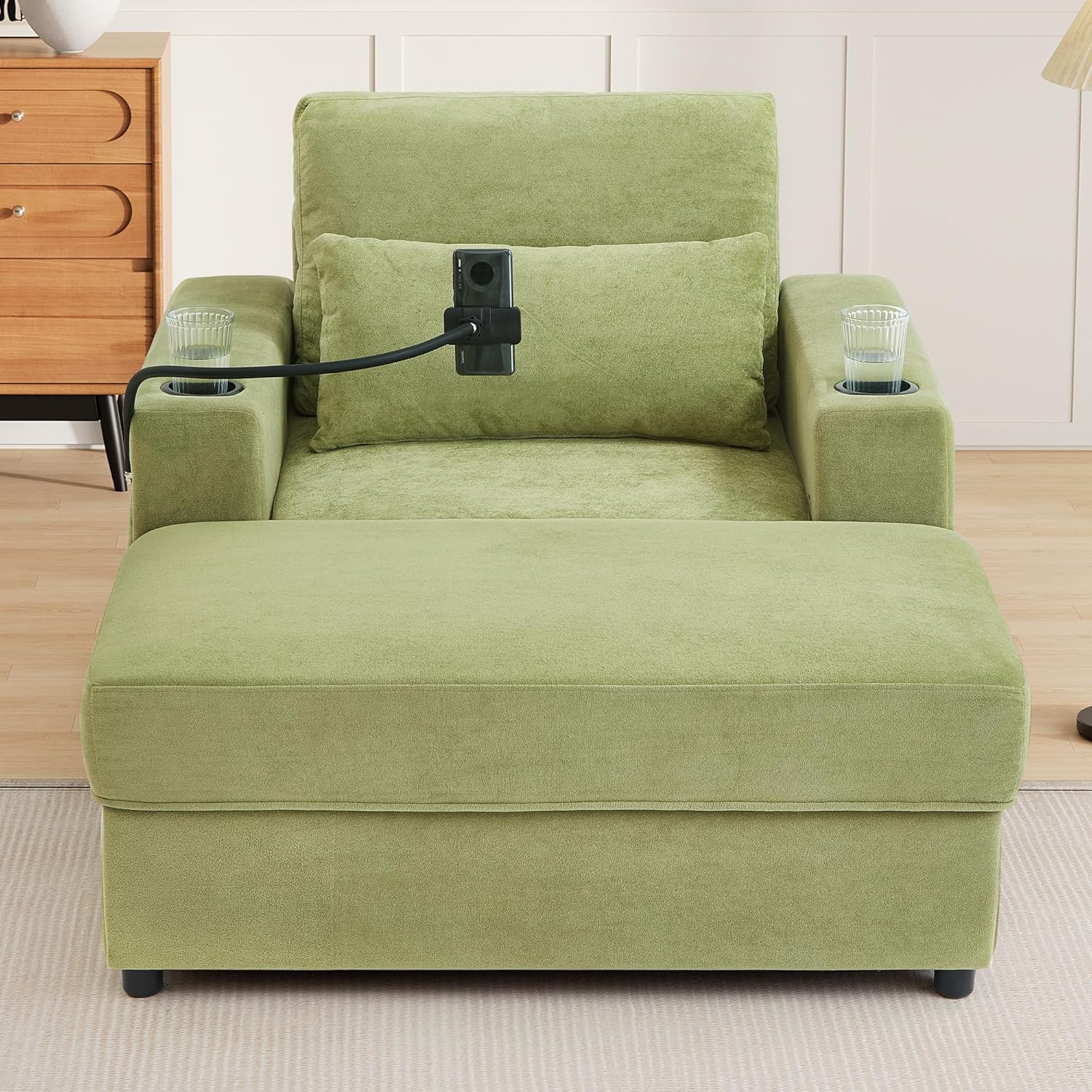 Merax Modern Oversized Chaise Longue Chair with Movable Storage Ottoman, 2 USB Ports, 2 Cup Holders, a Phone Holder, Side Pockets, 42.5" Reclining Chair for Living Room, Bedroom, Green