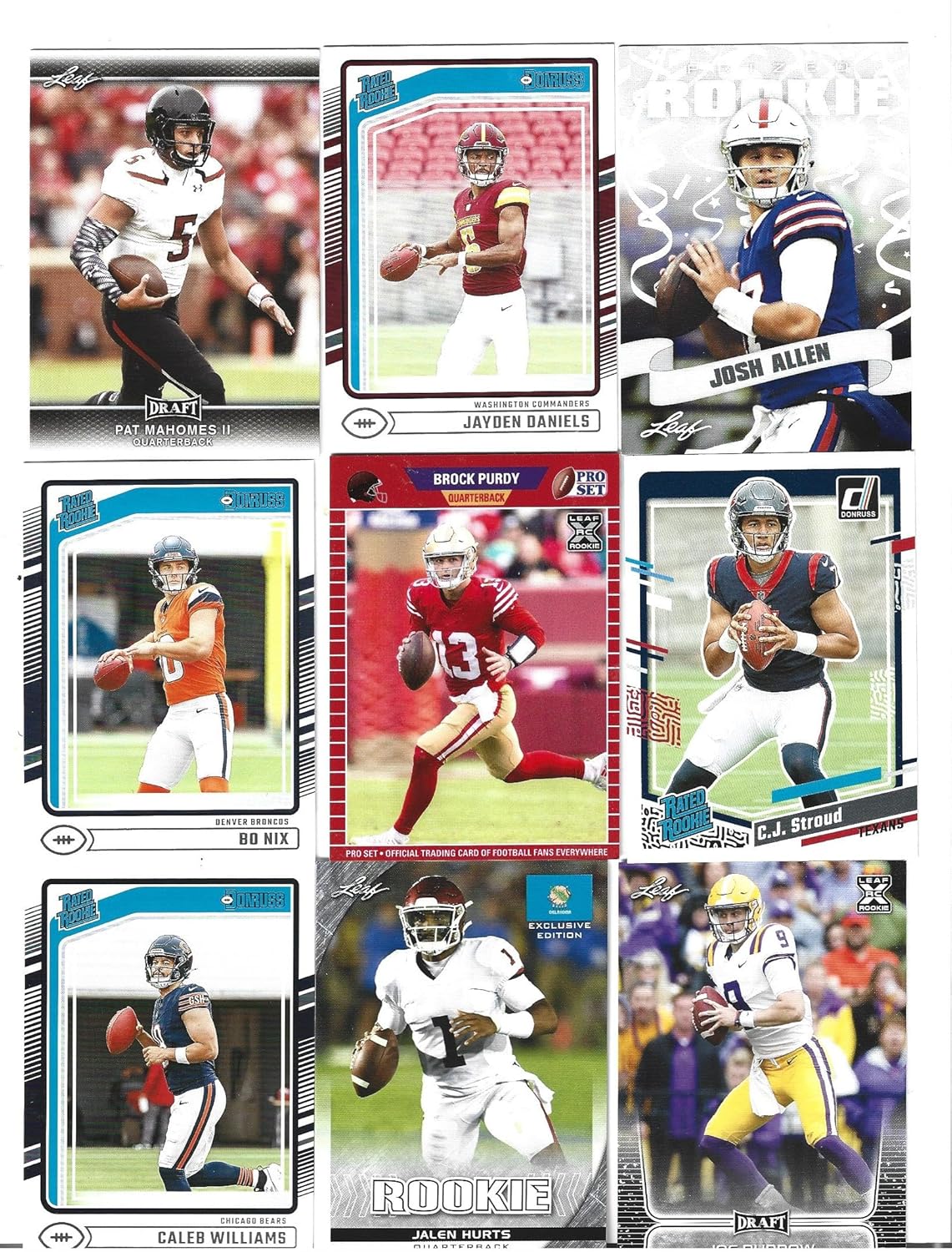 Patrick "Pat Mahomes Josh Allen Joe Burrow Jayden Daniels C.J. Strud Bo Nix Caleb Williams Brock Purdy Jalen Hurts Huge 9 Card Rookie Football Lot Superstar Quarterbacks! You Will Receive All 9 Cards