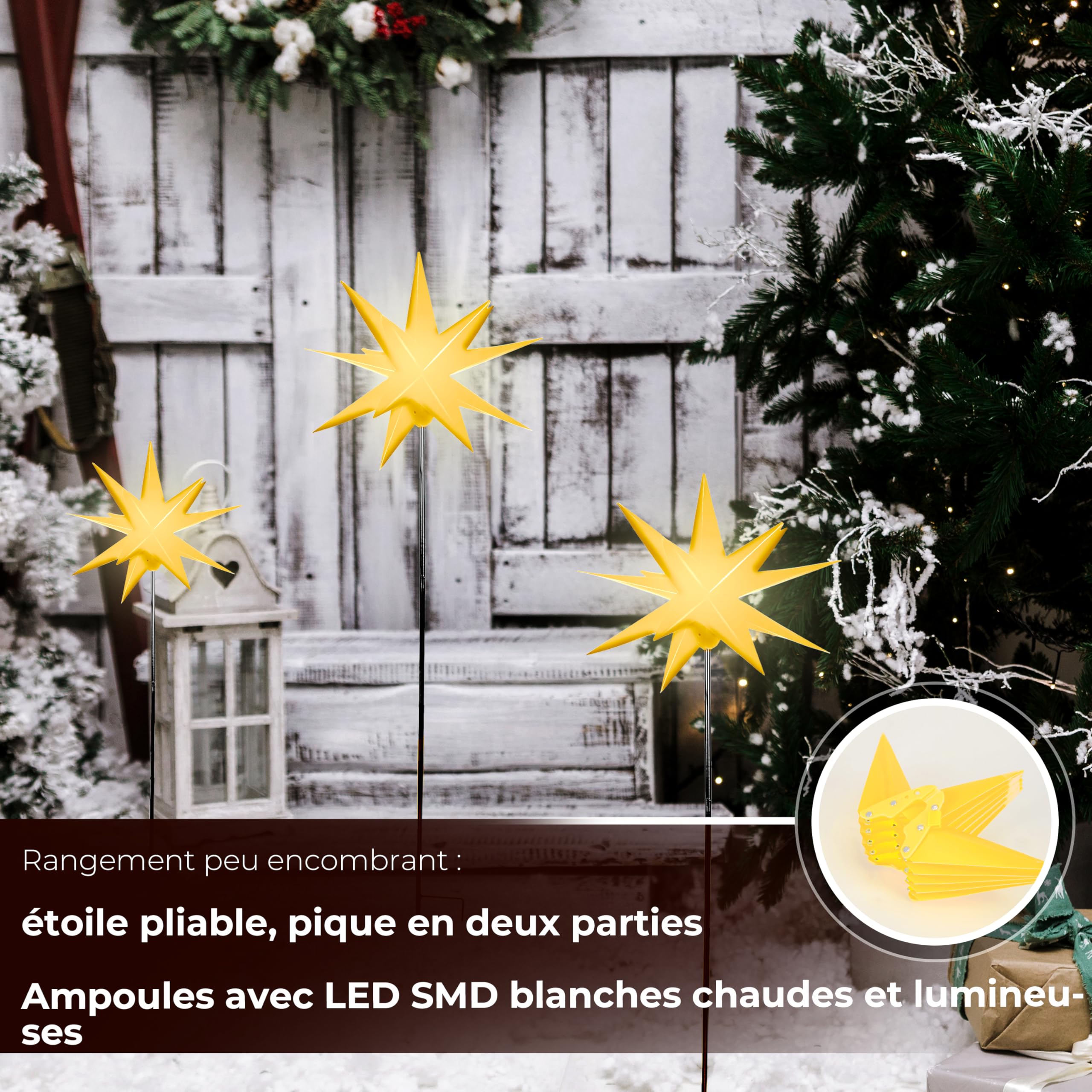 Etoile Lumineuse 3D avec éclairage LED | Set de 3 avec Piquet de Terre | Jaune | Ø 27 cm | Etoile 3D | résistant aux intempéries | Décoration de Jardin | Etoile de Noël | avec minuterie | sur Piles