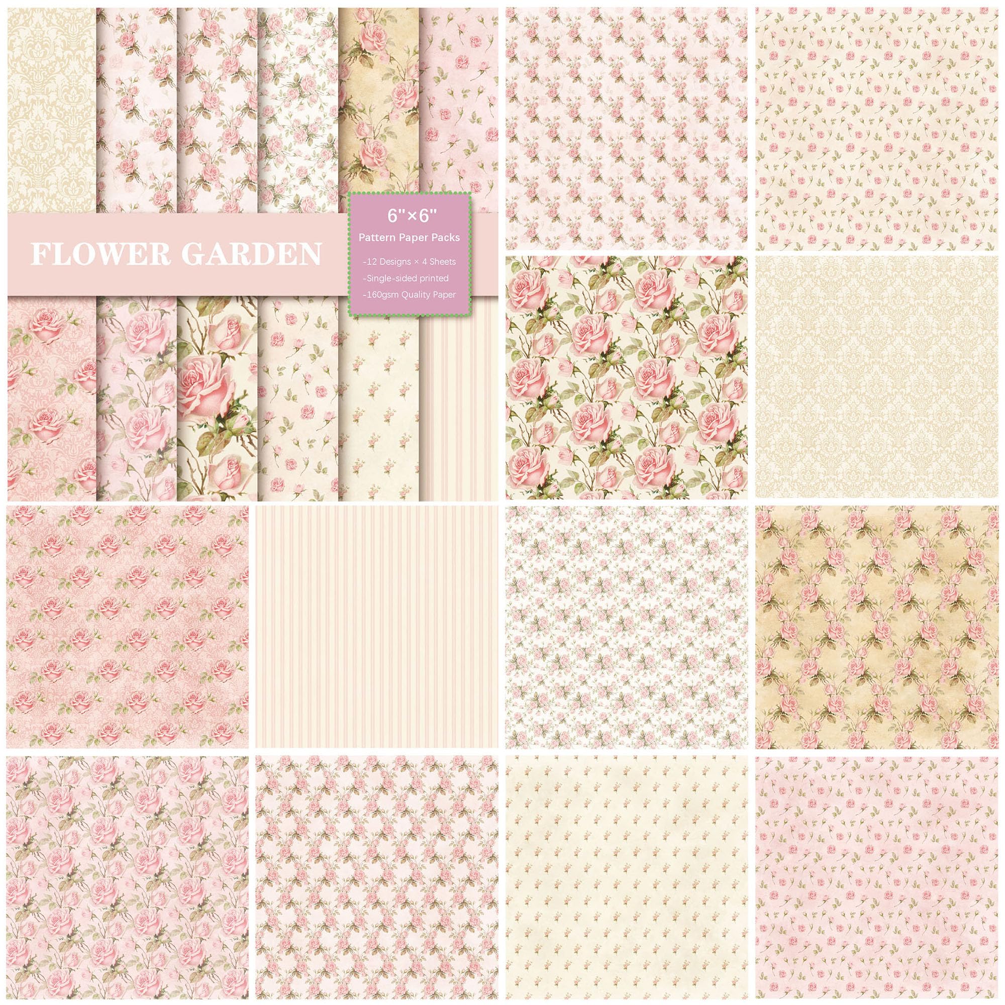 Papel para álbumes de recortes, Paquetes de papel con patrones de una sola cara de 6" x 6", 48 hojas, 12 diseños, papel decorativo for manualidades, álbumes de fotos, tarjetas, suministros for hacer á
