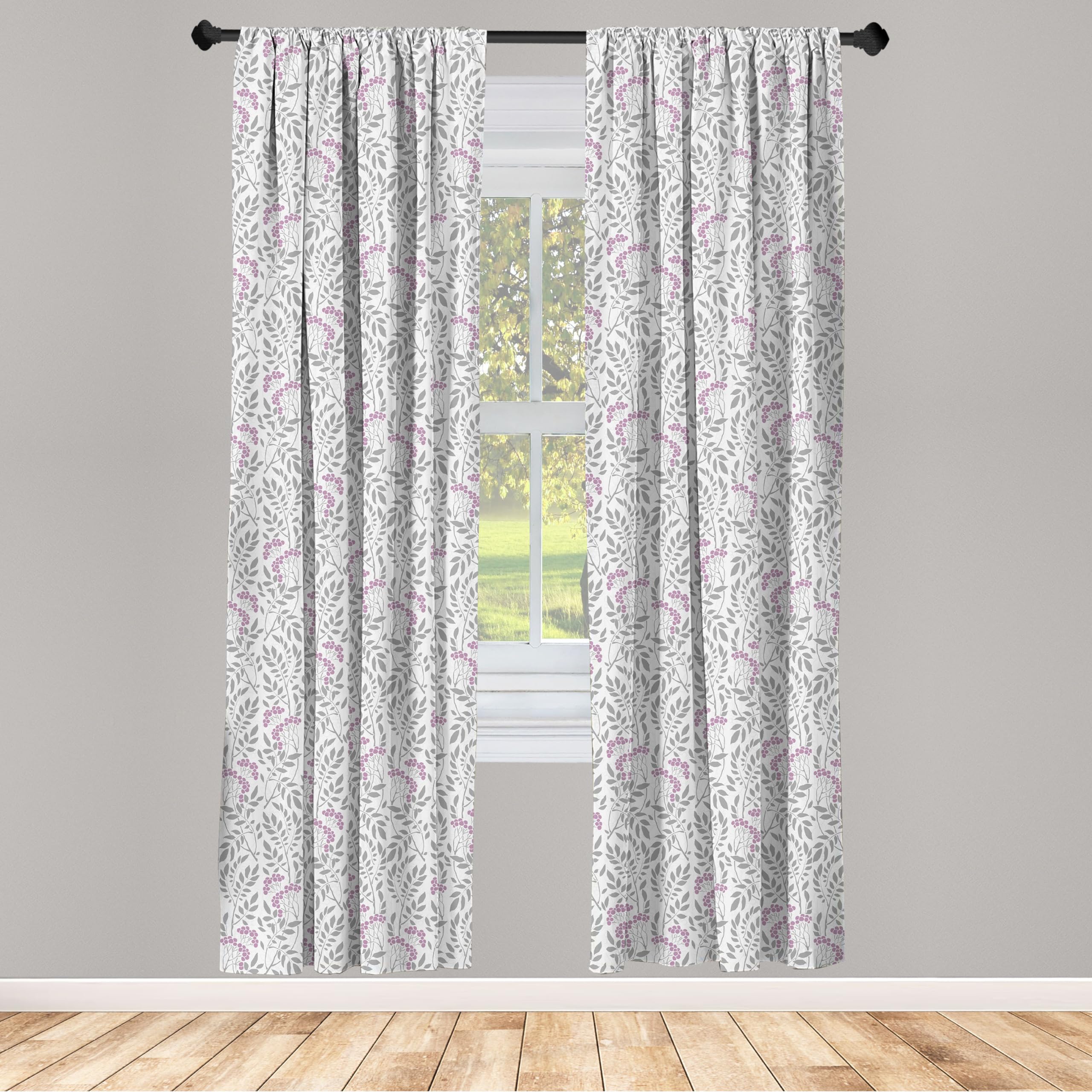 ABAKUHAUS Clásico Juego de 2 Paños Cortinas, Primavera puntillas Bayas, Tratamiento de Ventana para Habitación y Dormitorio, 150 cm x 225 cm, Gris Gris pálido Malva