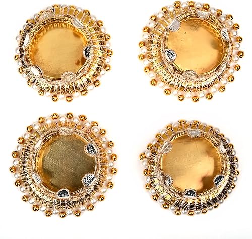 Miniatura 3 de Juego de 4 anillos de yute con cuentas Moti en T, soporte para velas, luces indias tradicionales, decoración de festivales, accesorios