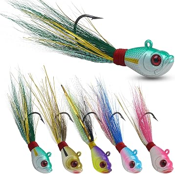 Bucktail Jigs Saltwater Fishing Lures,5 Packs Fishing Hair Jig Lure Freshwater Swimbait Jig Head Deer Hair Jigs Surf Fishing Bass Flounder Striper Bluefish Halibut Redfish