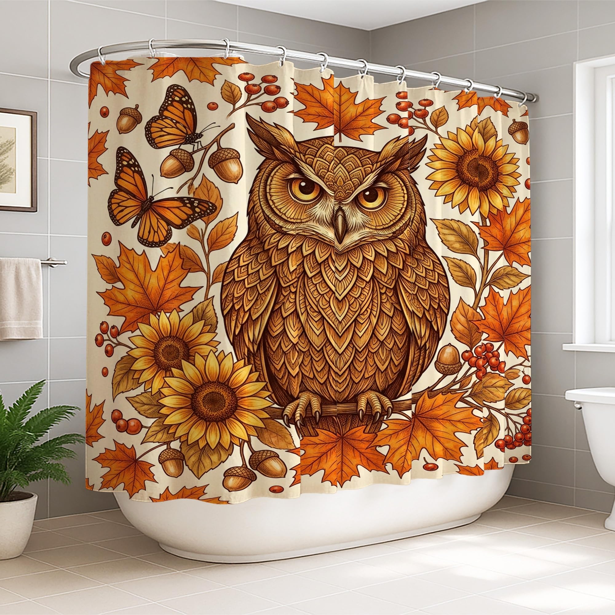 Rideau de douche XXL chouette et papillon pour créer une ambiance nature et zen