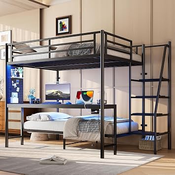 Full Over Twin Bunk Bed with Desk LED and Charging Station, Metal Bunk Beds Full Over Twin with Pegboard, Safety Guardrail & Stairs for Kids Teen Adult,No Box Spring Needed Black
