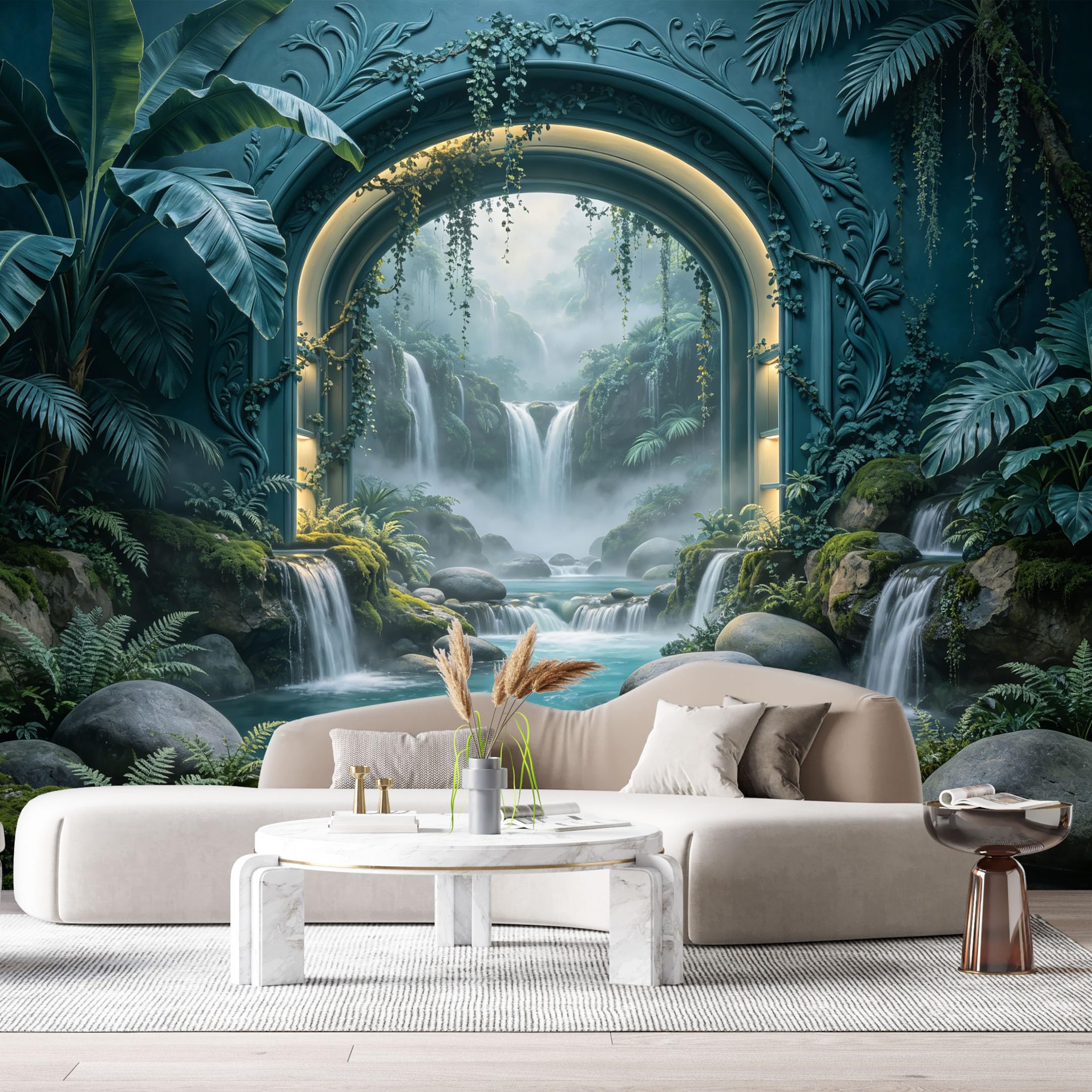 Custom Size Wall Murals Tropical Waterfall Pond Archway 3D Trompe L'Oeil SelfAdhesiveWall Fabric Removable Wallpaper Wall Decor for Living Room Bedroom Bathroom