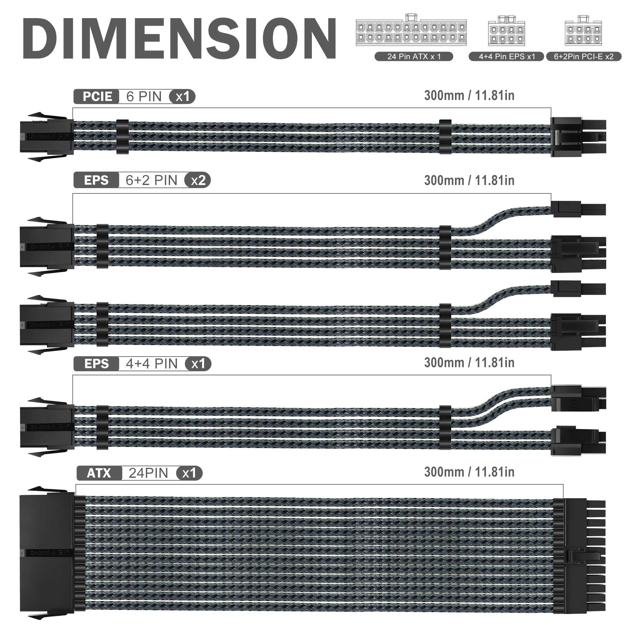 Cavo di prolunga 18AWG PSU GPU PC cavo di alimentazione intrecciato, 1x24Pin ATX/1x8Pin (4+4) EPS/2x8Pin (6+2) PCIE Extension Cable -30CM