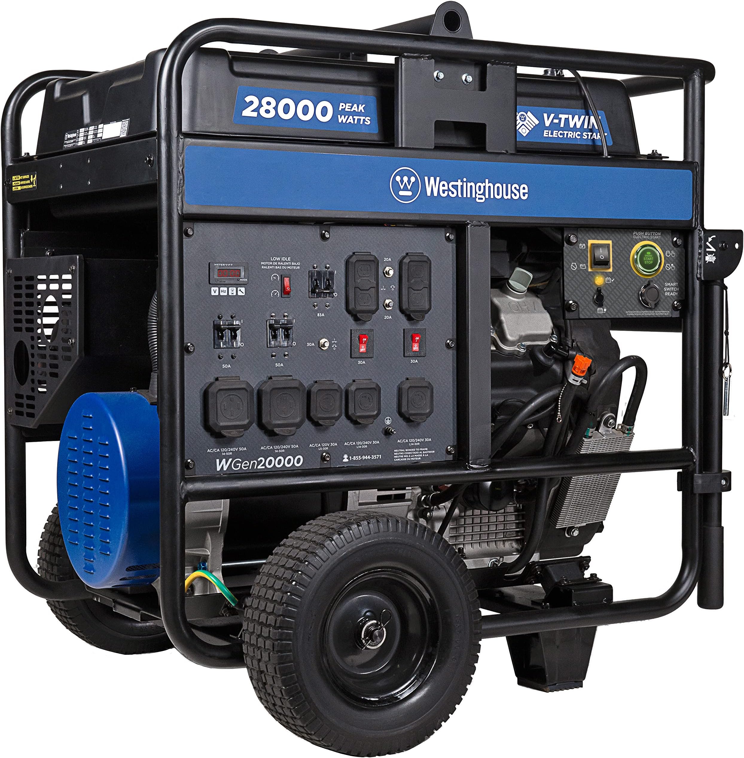Westinghouse 28000 Peak Watt Home Backup Portable Generator, Electric Start with Auto Choke, Transfer Switch Ready 30A & 50A Outlets, Gas Powered,Blue
