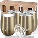 THILY Stainless Steel Insulated Wine Tumbler - Stemless Wine Glass with Sliding Lid and Straw, Cute Travel Cup Keep Coffee and Cocktails Cold, 2 Pack(Iridaceae+Orchid)