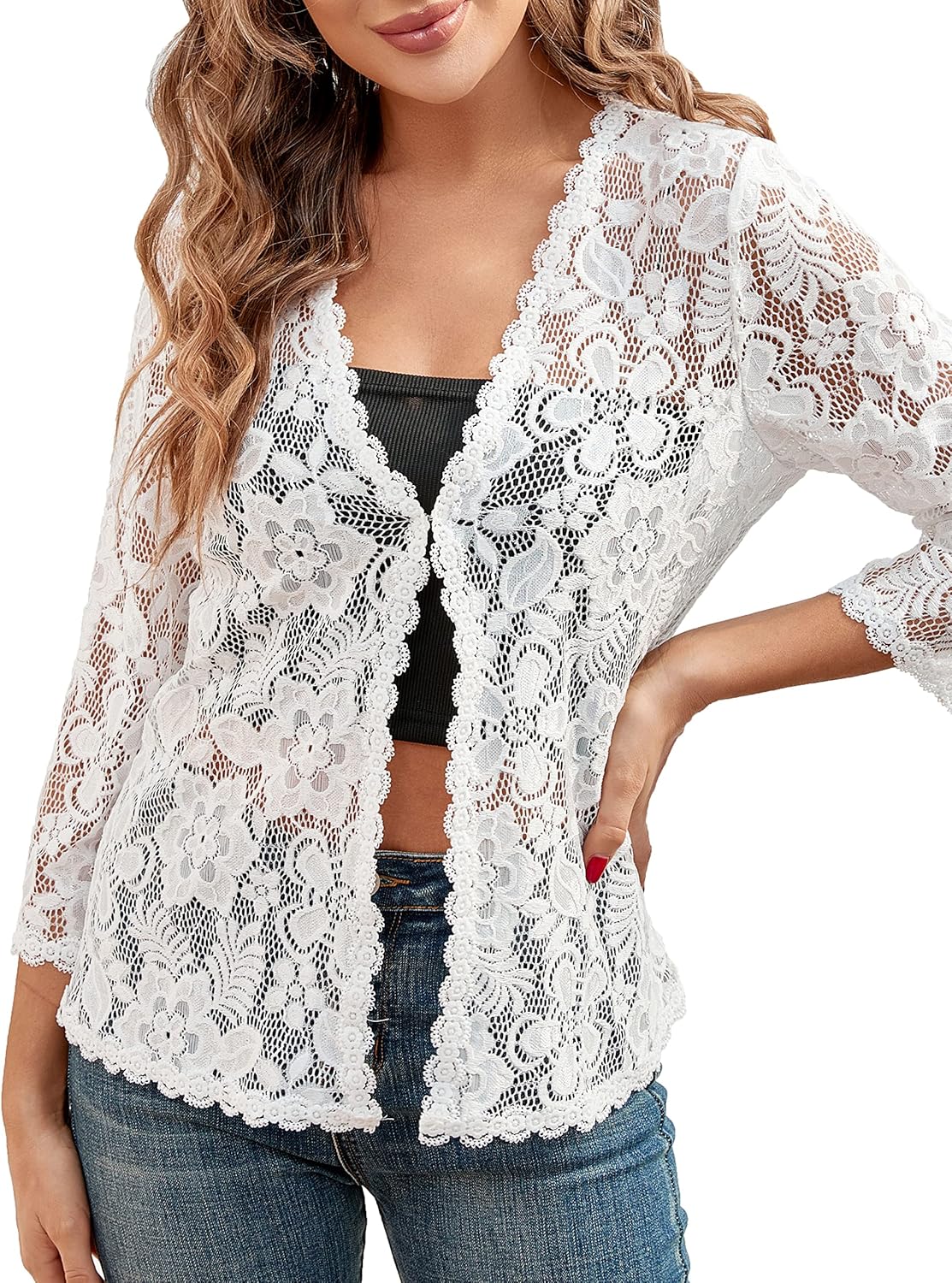 BENANCY Women's 3/4 Sleeve Bolero Shrugs Crochet Lace Open Cardigan