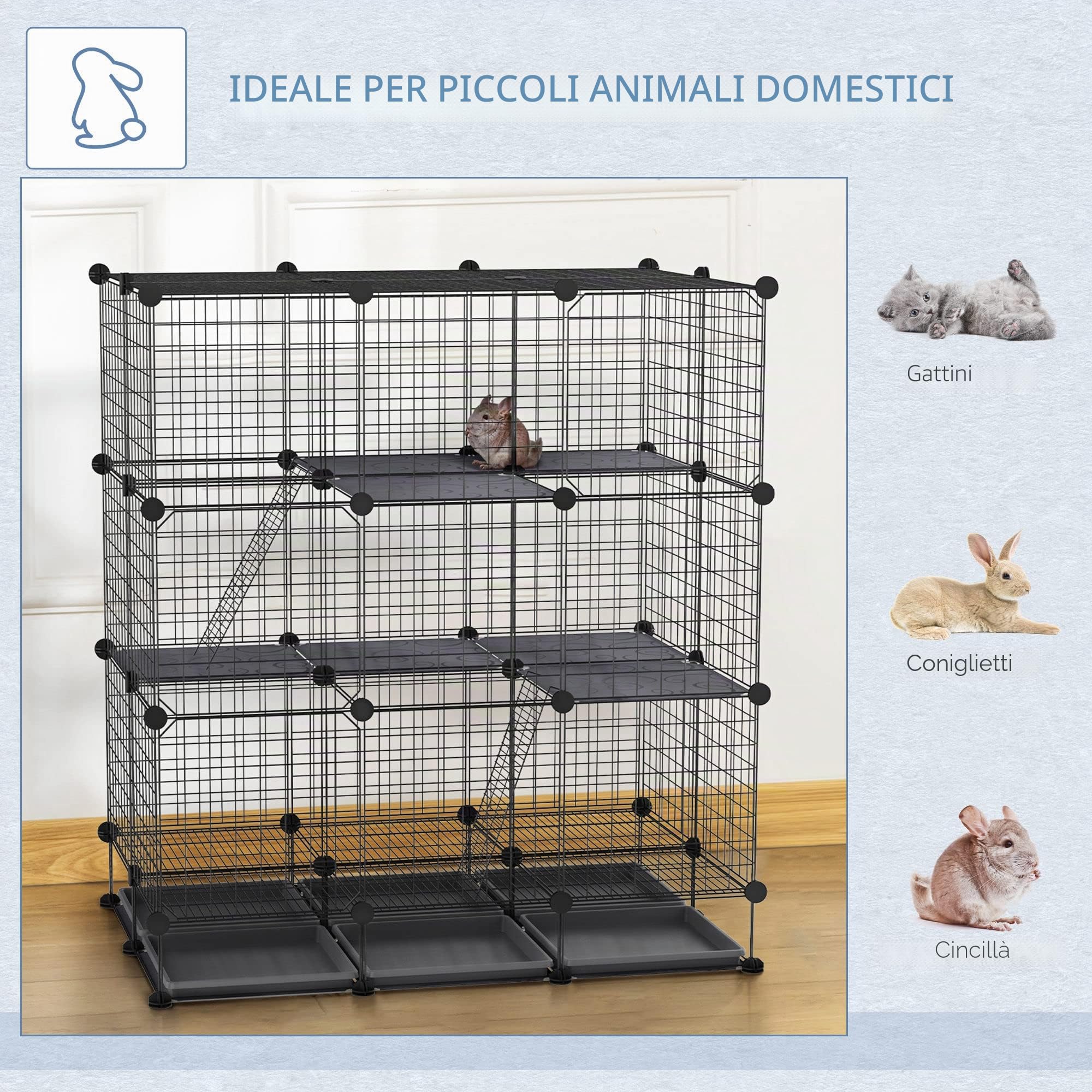 PawHut Recinzione Metallica per Piccoli Animali Montaggio Fai-da-Te Parco Metallico Smontabile a 3 Livelli Gabbia per Animali Domestici Piccoli 111x75x119 cm Nero
