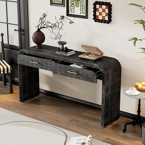 Miniatura 3 de LUMISOL Mesa consola de granja, mesa de sofá de madera con 2 cajones y asas de metal dorado, mesa de pasillo moderna para sala de estar, comedor,