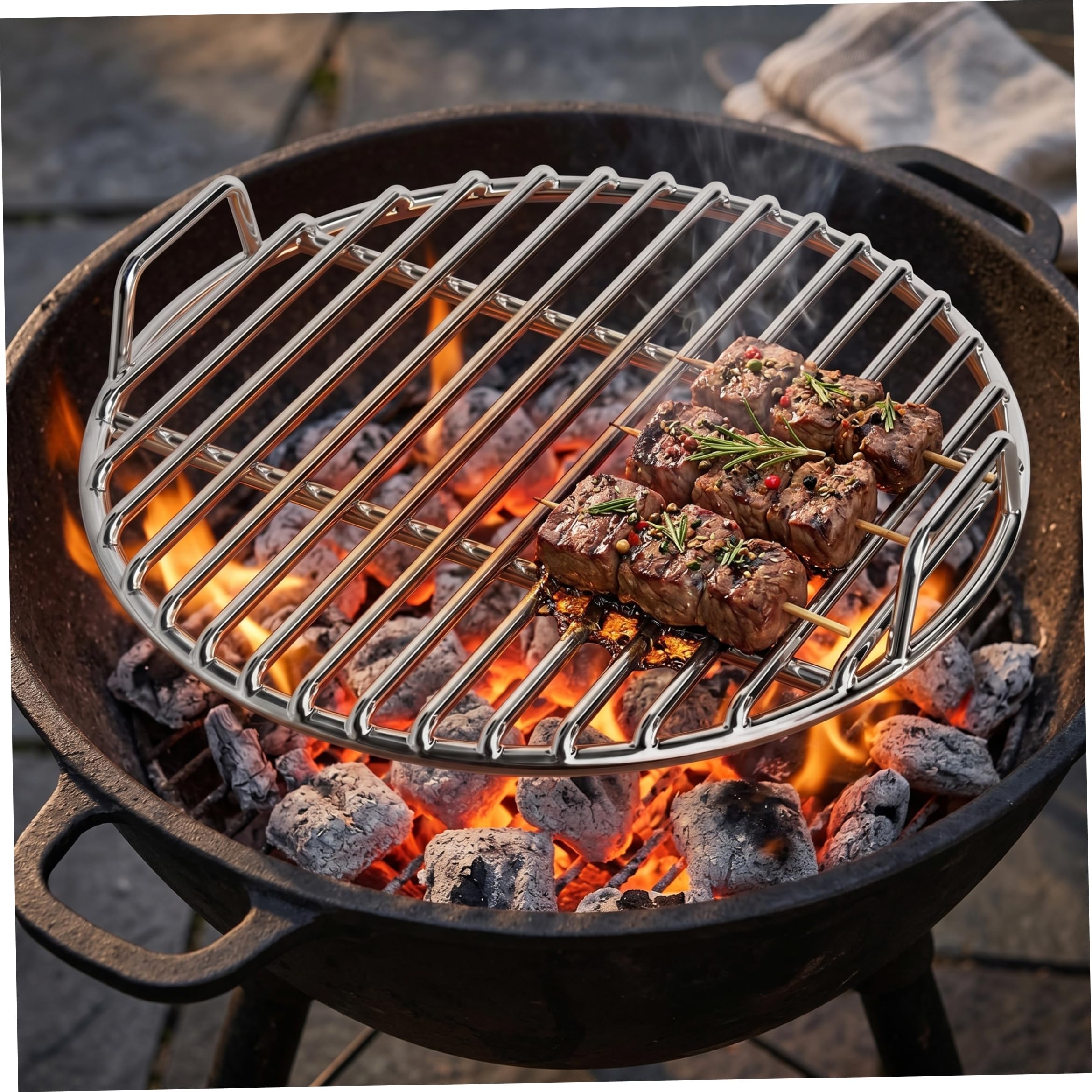 Rejilla Redonda de Acero Inoxidable de Alta Resistencia de 18, 8 Pulgadas de Repuesto con Mango Integrado, Parrilla para Hoguera para cocinar al Aire Libre, Parrillas para Barbacoa