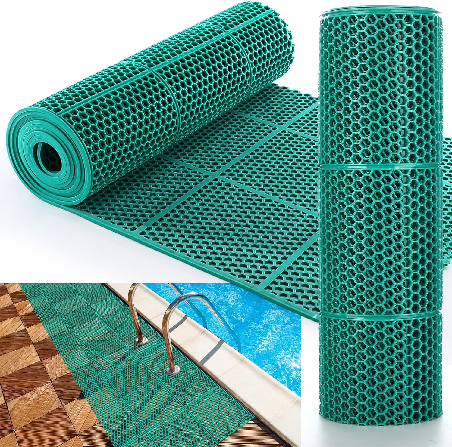 16 Inch x 10 ft Non-Slip Pool Drainage Mat, Narrow PVC Hollow Mesh Floor Mat Roll 0.2" Thick Commercial Non-Slip Mats for Bathroom, Garage, Basement, Patio, Kitchen, Outdoor Spaces