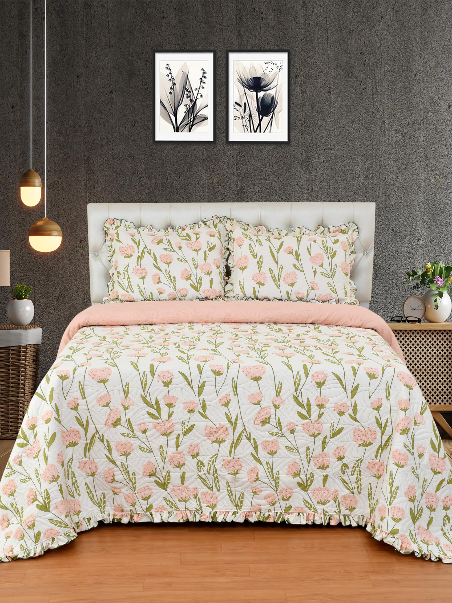 BREVARD Luxury & Premium Glace Cotton Flower Branch Printed Bed Cover Frill Border - 2 Pillow Covers All Season Ultrasonic Lightweight Bedspreads/Bed Cover(Queen Size - 90x100 Inches, Peach Cream)-image-18