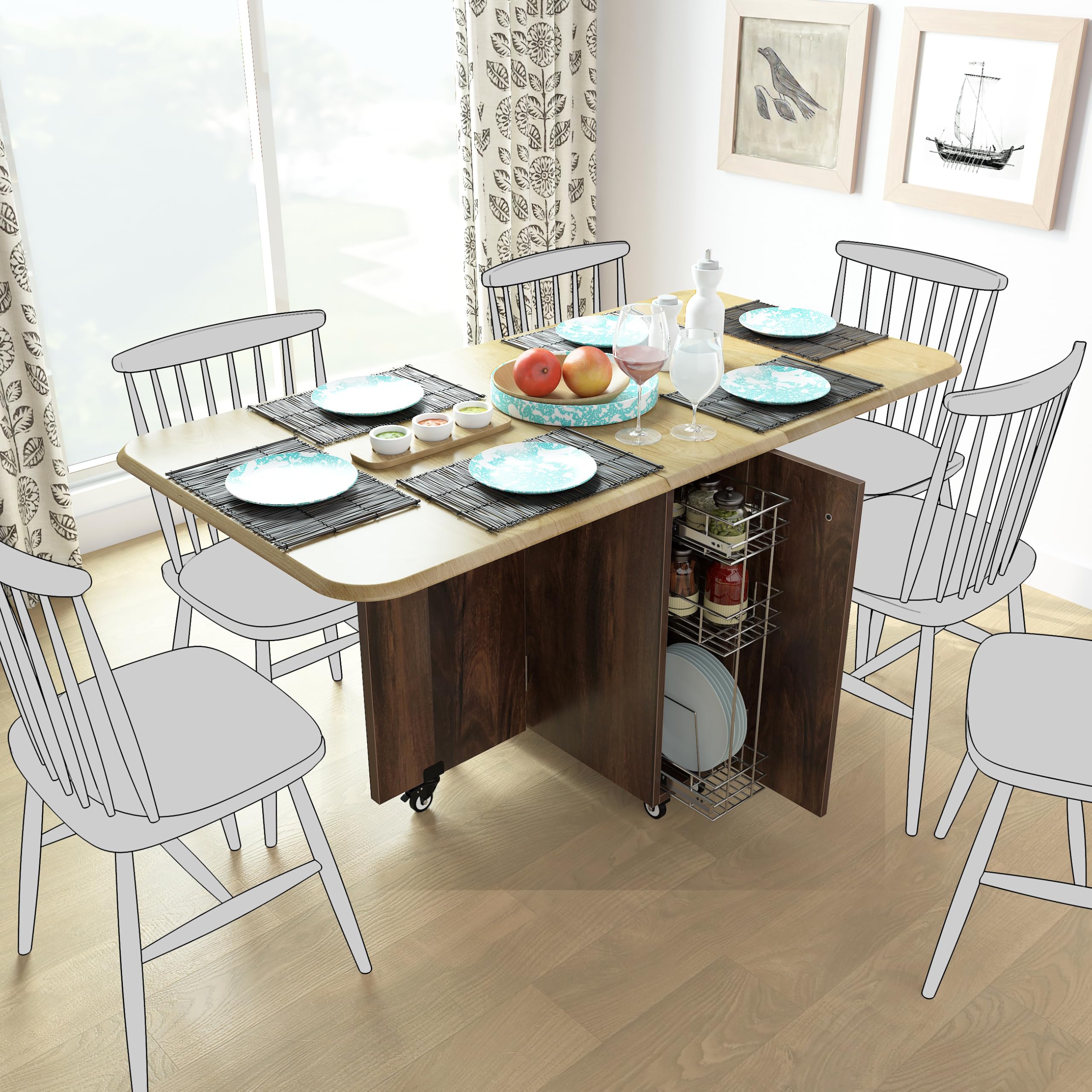 ABBA Engineered Wood 6 Seater Folding Dining Table, Delivered Preassembled (Junglewood, Matte Finish. Without Chairs)