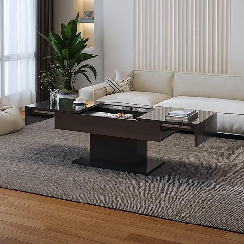 Mesa de centro LED negra con almacenamiento para sala de estar, mesa central rectangular, mesas de centro modernas de madera de alto brillo para