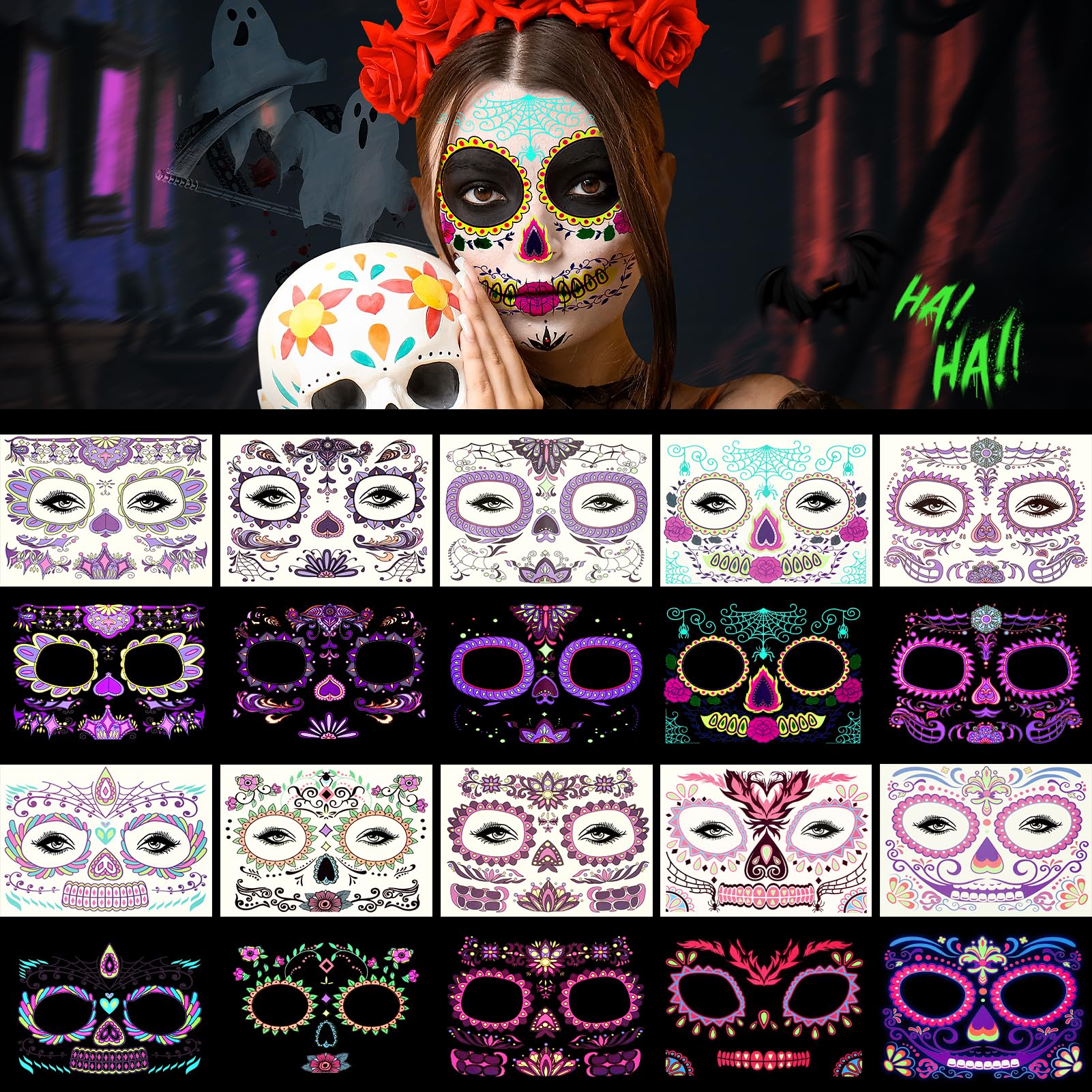 Kiiwah 10 Sheets Halloween Temporary Tattoos, Day of the Dead Sugar Skull Fake Tattoos, Make Up Face Stickers for Carnival Cosplay Costume Party