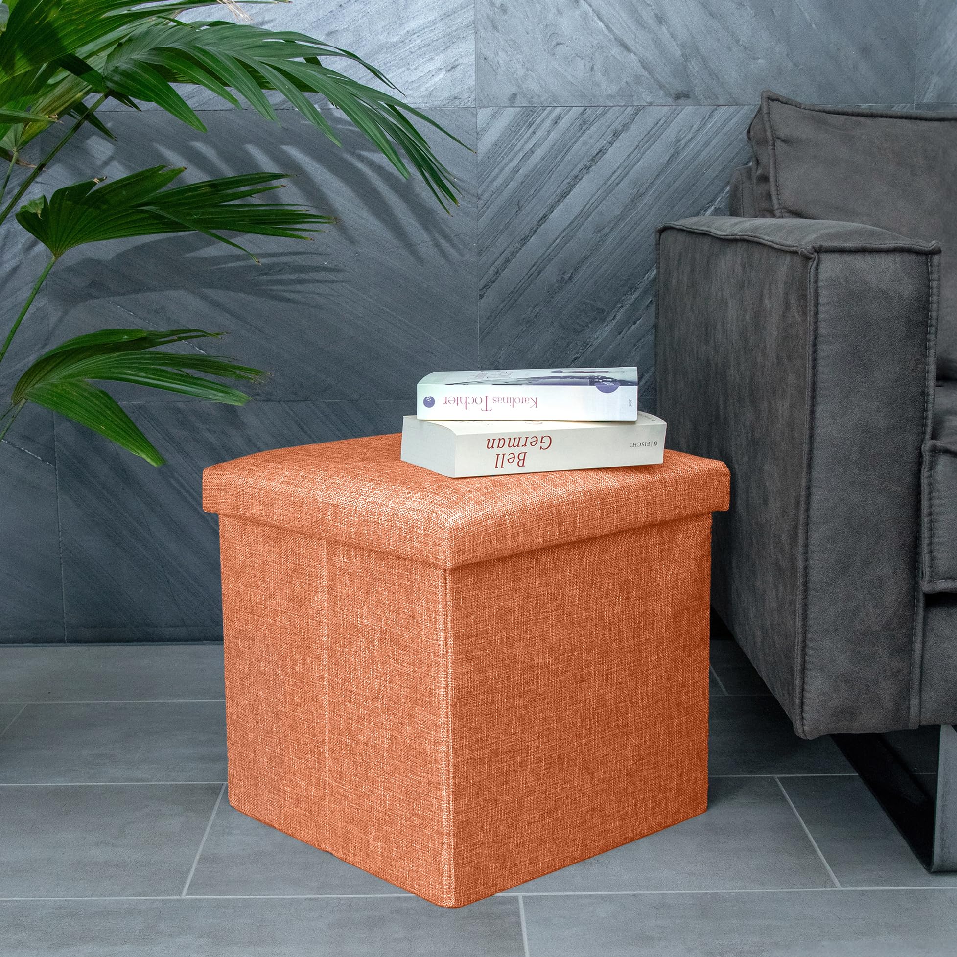 INTIRILIFE Pouf Pieghevole 38x38x38 cm in Orange MANDARINI - Cassapanca Cubo Contenitore Imbottito de Tessuto a l'Ottica Lino con Coperchio - Ottomane Poggapiedi Sgabello Panca Poltrona