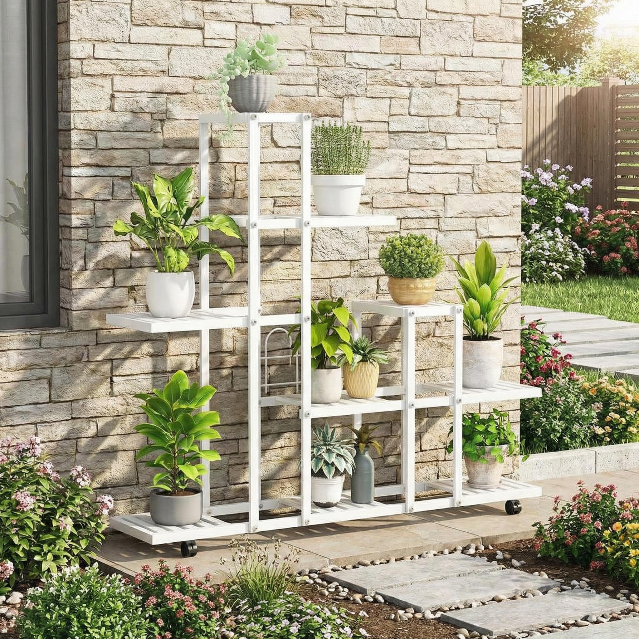 GarveeHome Platzsparender Pflanzenständer Mit Rollen – Ein Mehrstufiges, Robustes Pflanzregal, Geeignet Für Wohnzimmer, Balkone, Gärten Oder Garagen – Rostbeständig Weiß.