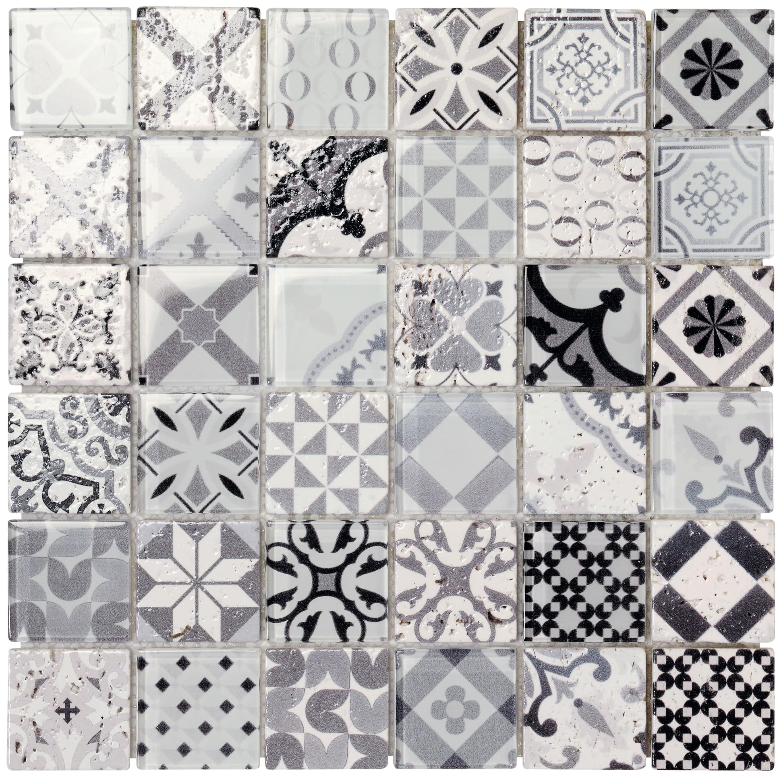 BOXER Vintage Series Square Mosaic With Antique Travertine Marble And Shiny Glass Tiles, Ideal for Kitchen and Bathroom (Vintage Grey)