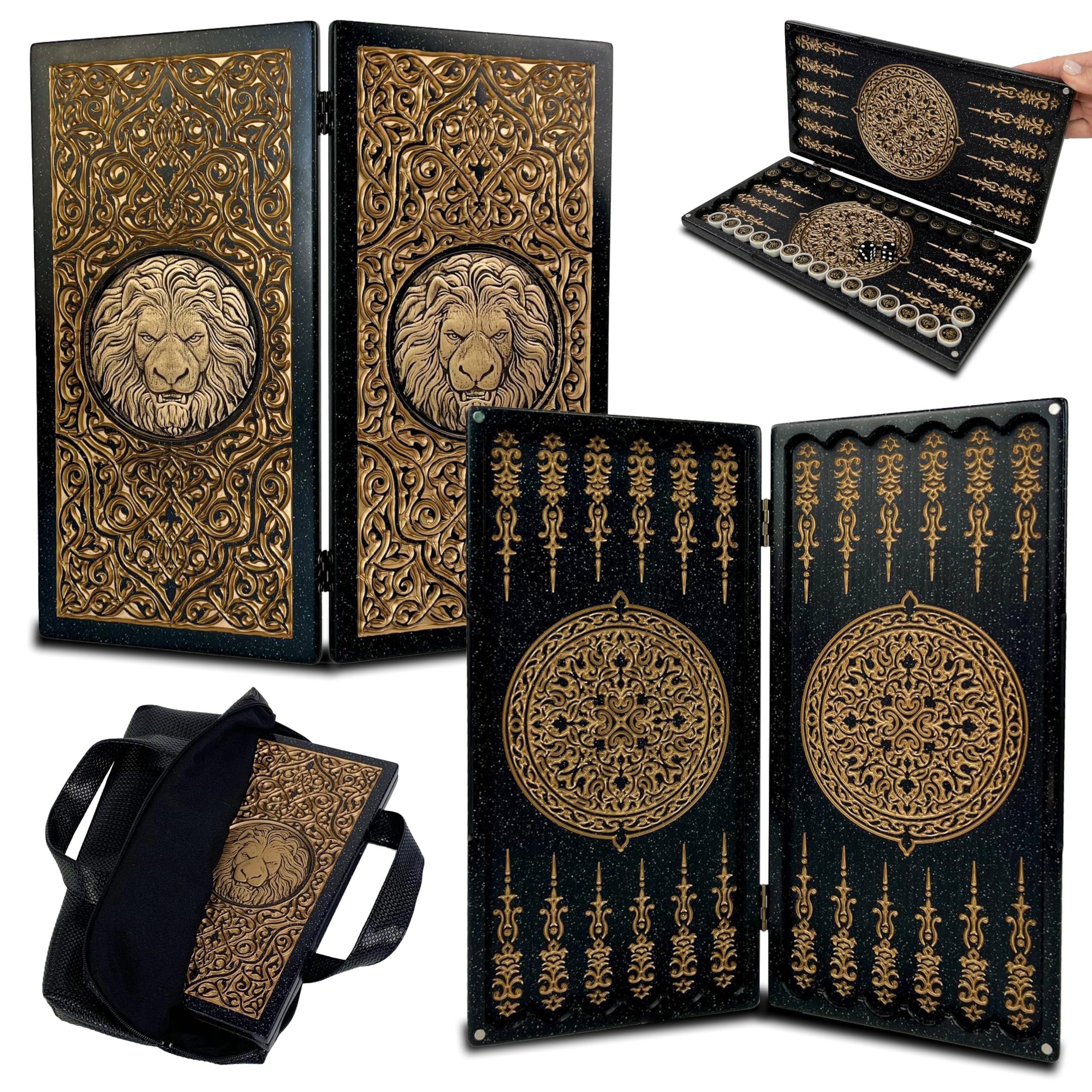 Backgammon de lujo "Golden Leon" – Juego hecho a mano de piedra acrílica y resina, tamaño mini 30 x 15 cm, listo para regalo, tamaño: 30 cm (11,8 pulgadas)