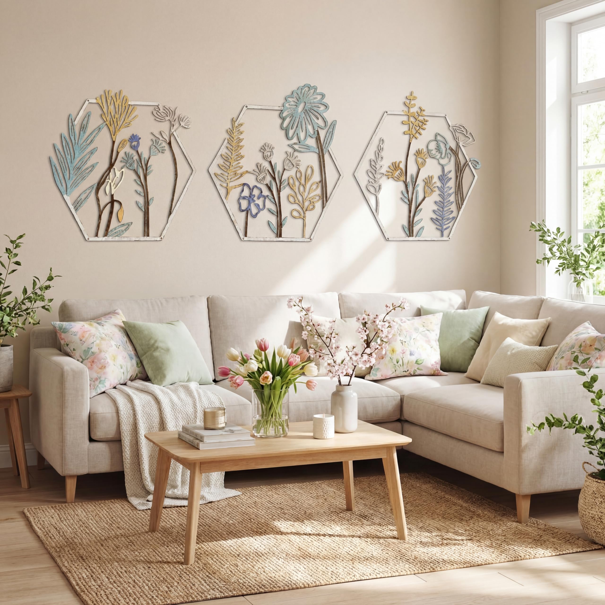 Peryiter 3 Pcs Metal Flower Wall Decor Minimalist Floral Wall Hanging Decor Metal Flower Rustic Floral Art for Spring Living Room Bathroom Kitchen