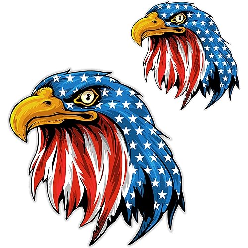Pack of 2 - Bald Eagle USA American Flag Sticker Decal for Car Truck Window Bumper - 5.5" x 5.5", 3.5" x 3.5"