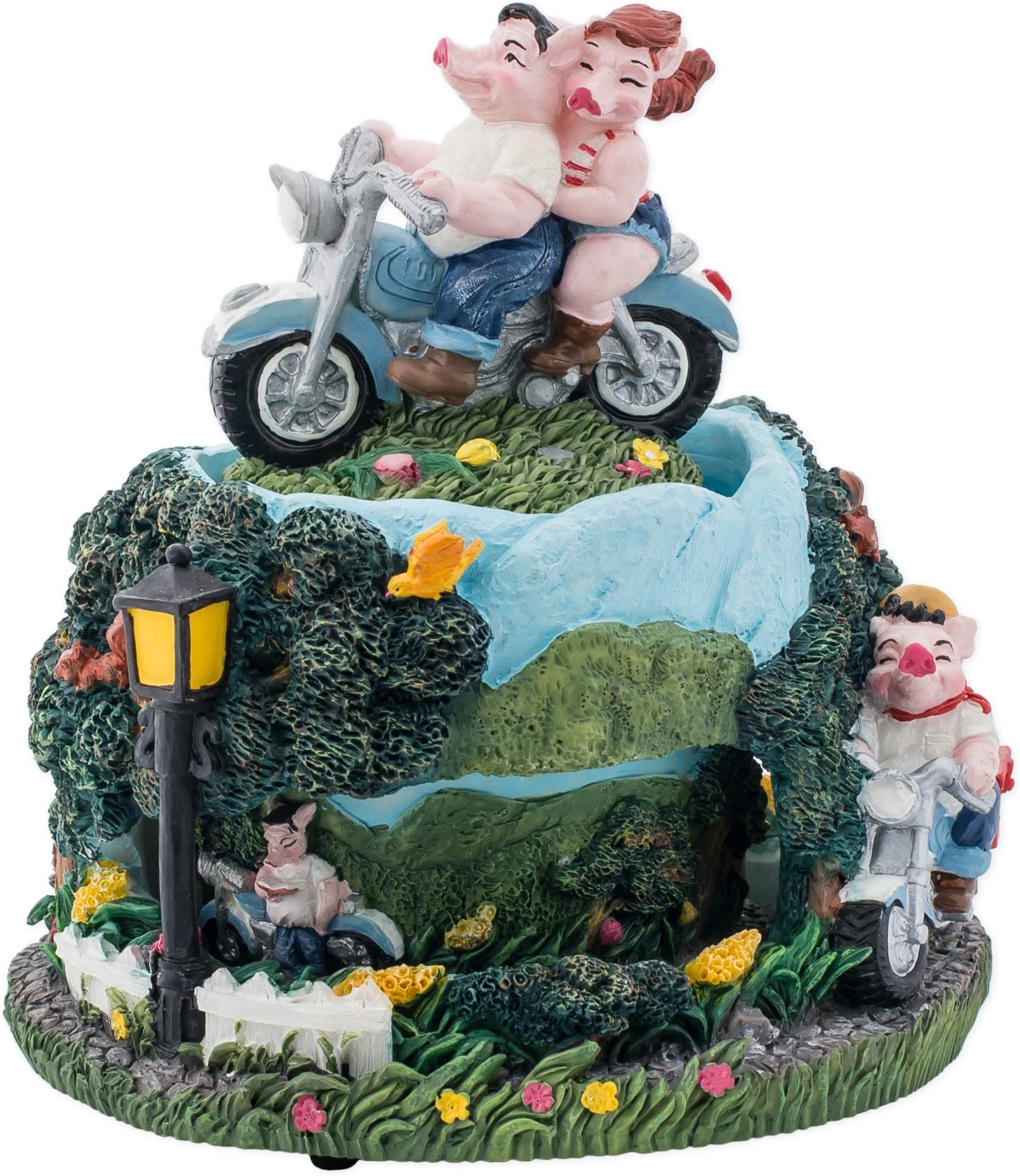 HOGs on Motorcycle - Pig, Double Revolving Music box , Harley HOG, 6 3/4" High, Stone Like Resin Plays Tune King of the Road